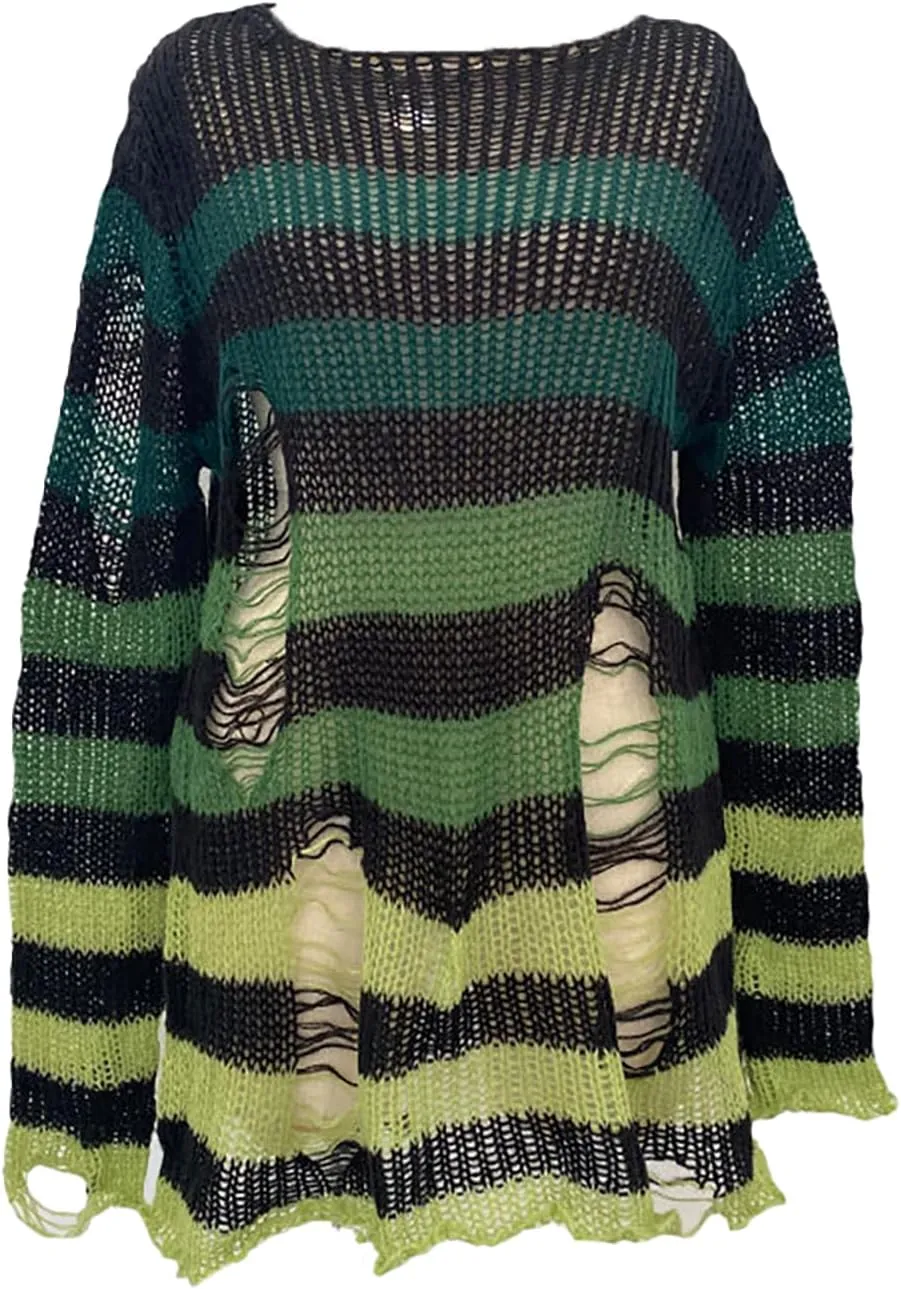 BAIMORE Women's Y2k Grunge Hollow Out Crochet Striped Long Sleeve Ripped Oversized Knit Top