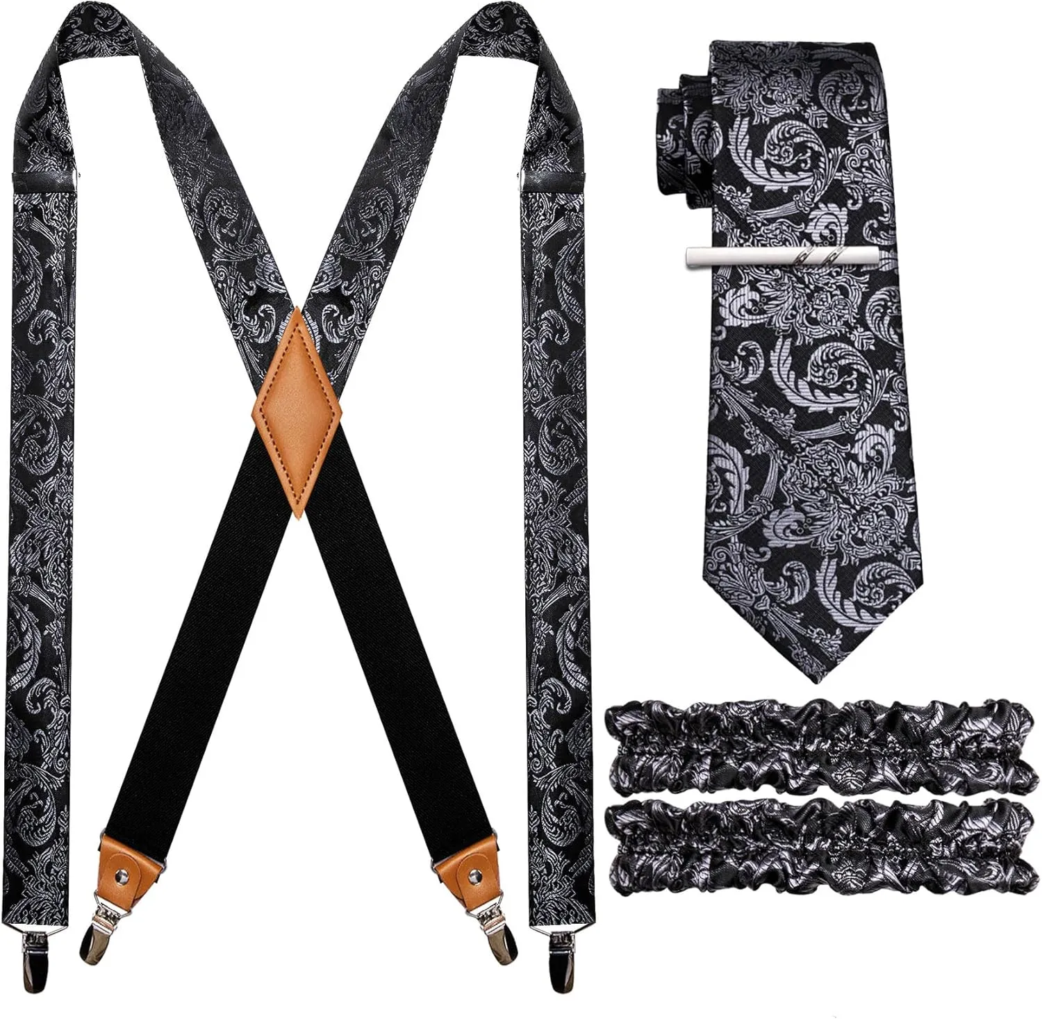Barry.Wang Paisley Men Suspenders Set X Type Necktie Armband Tie Clip Formal Gatsby Costume Wedding Party Prom