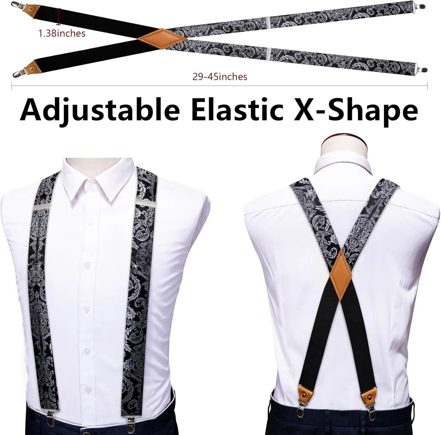 Barry.Wang Paisley Men Suspenders Set X Type Necktie Armband Tie Clip Formal Gatsby Costume Wedding Party Prom