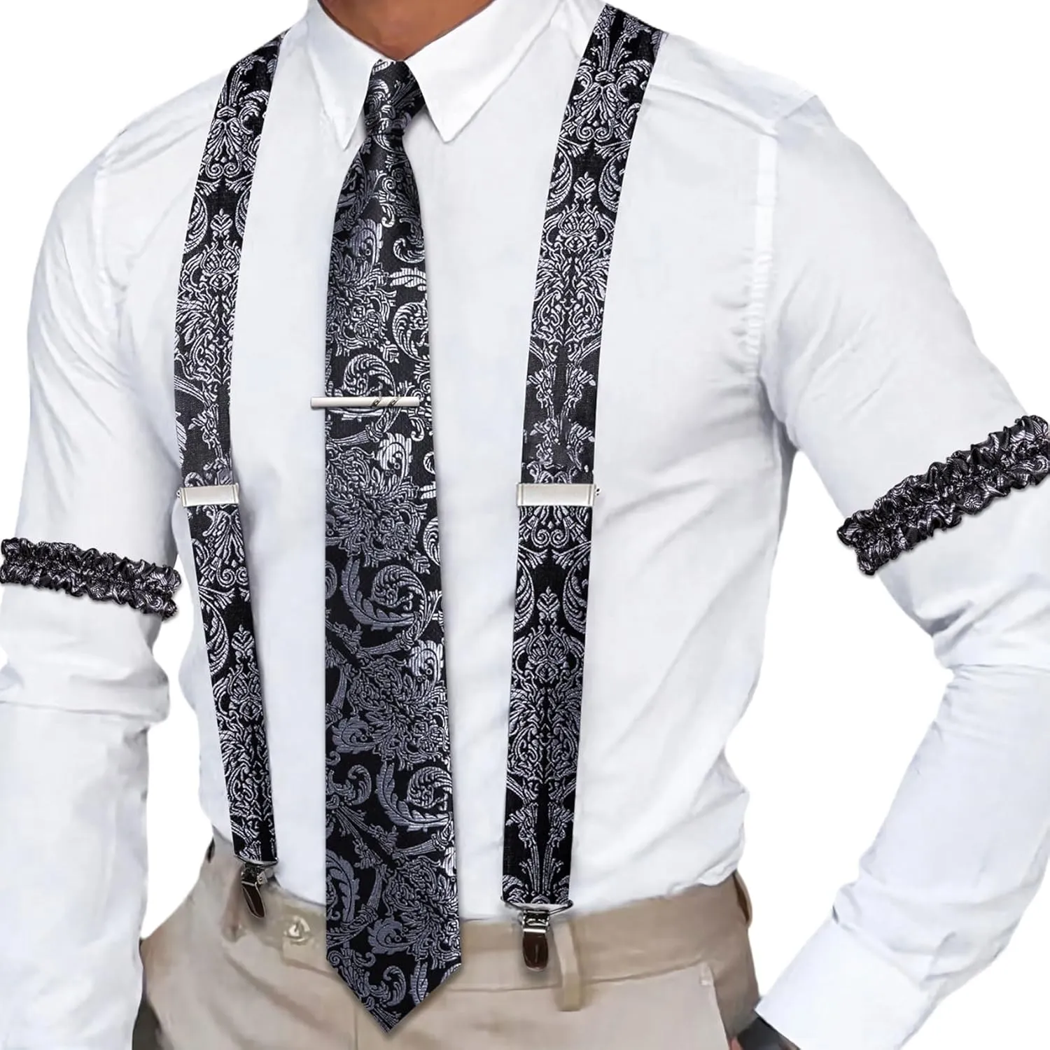 Barry.Wang Paisley Men Suspenders Set X Type Necktie Armband Tie Clip Formal Gatsby Costume Wedding Party Prom
