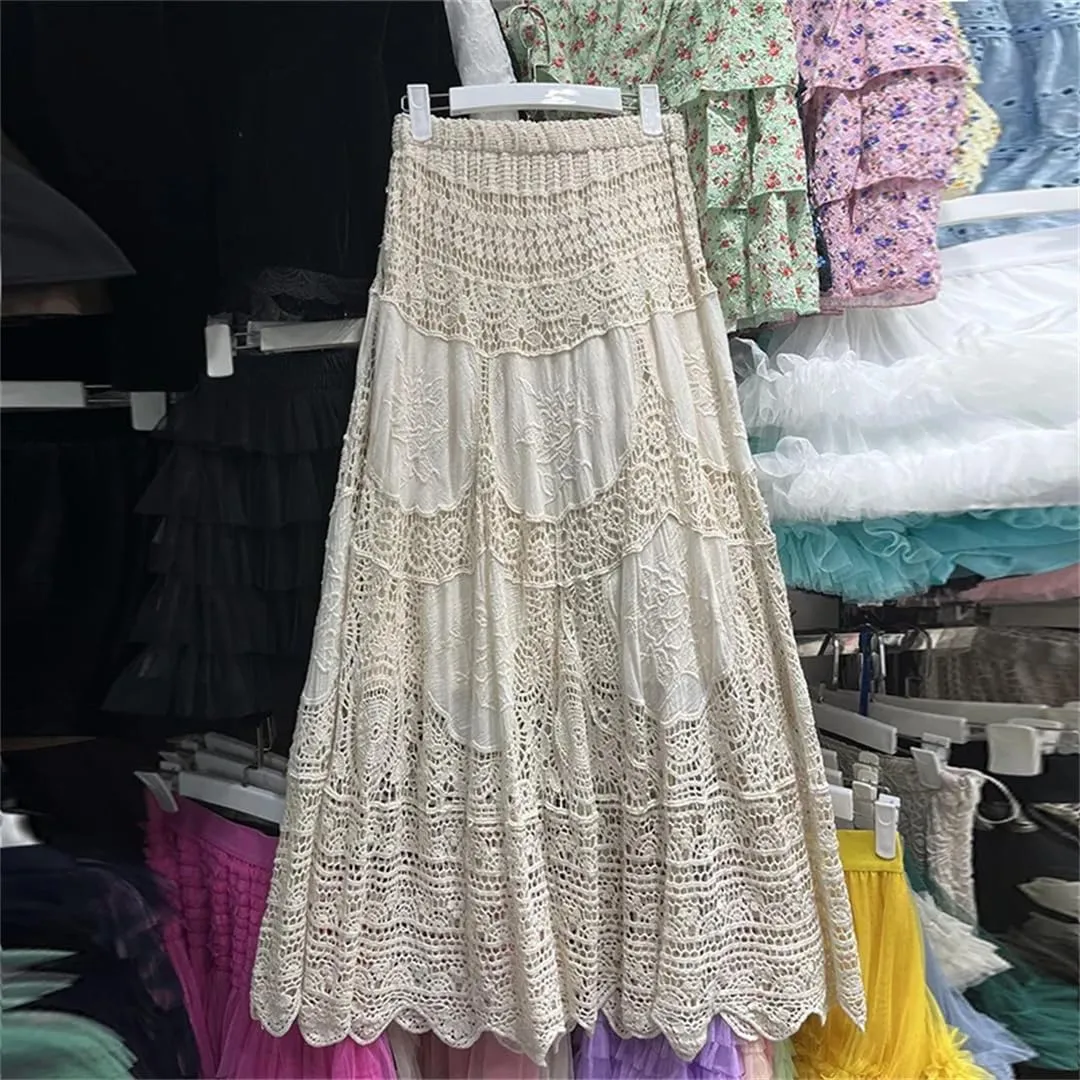 Beach Long Skirts for Women Hollow Out Sexy Mujer A-Line High Waist Skirts Female Summer Crochet Skirts