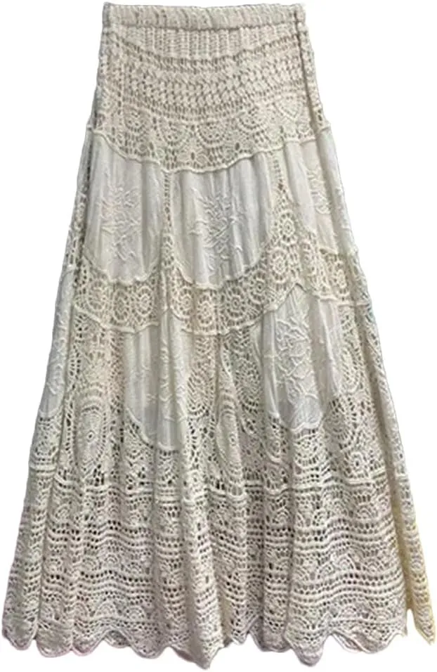 Beach Long Skirts for Women Hollow Out Sexy Mujer A-Line High Waist Skirts Female Summer Crochet Skirts
