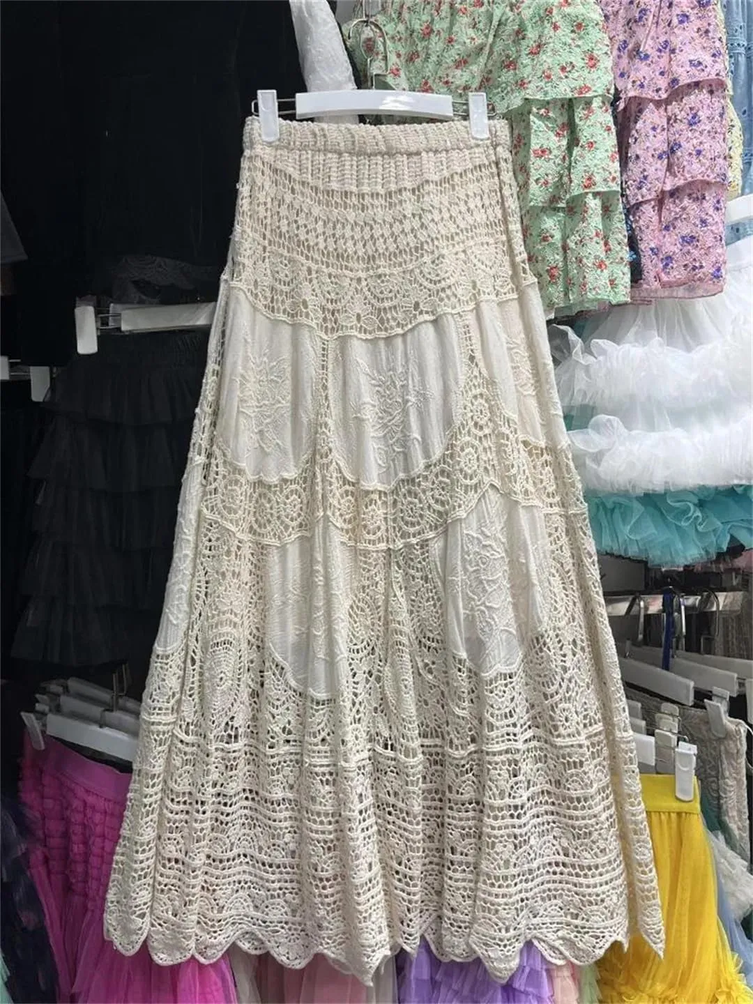 Beach Long Skirts for Women Hollow Out Sexy Mujer A-Line High Waist Skirts Female Summer Crochet Skirts