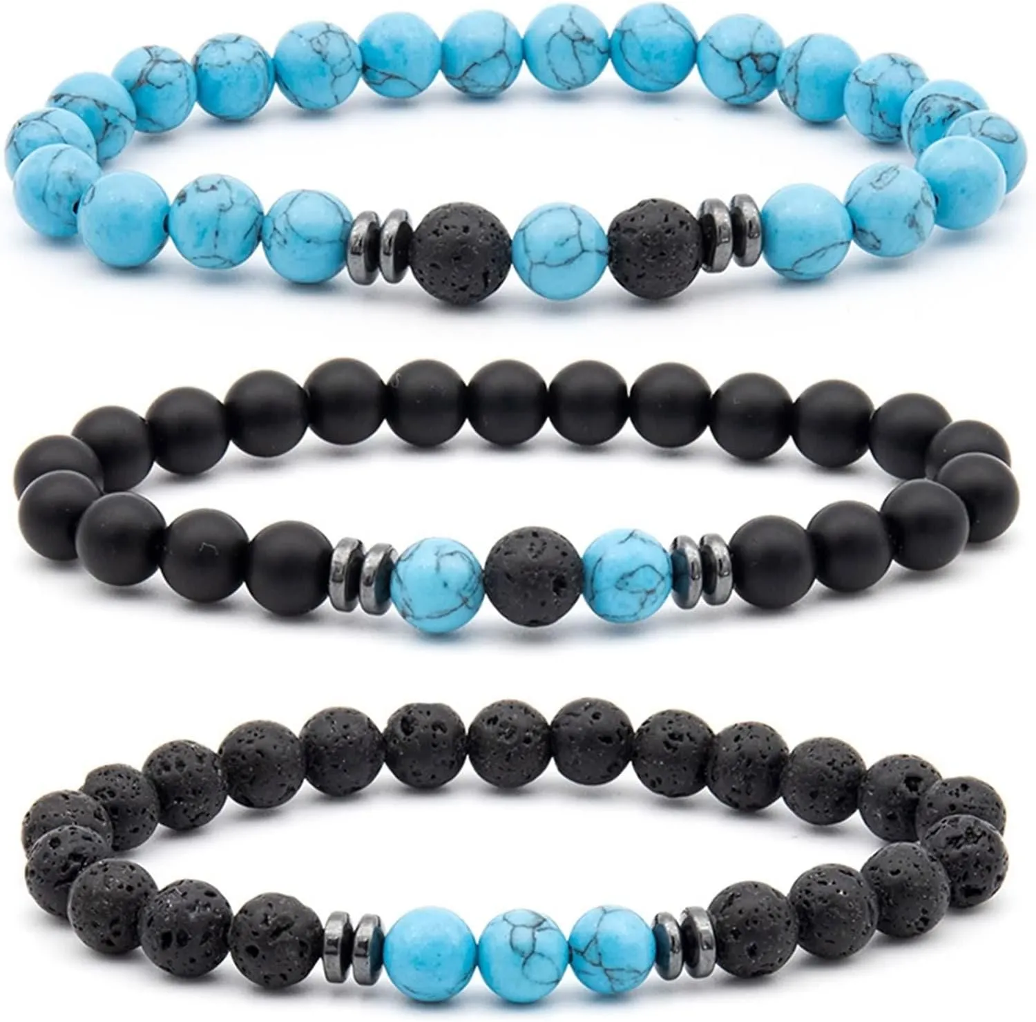 Beads for Bracelets, Friendship Bracelets for Men Crystal Lava Rock Black Blue 8mm Turquoise 3Pcs Vintage Jewelry