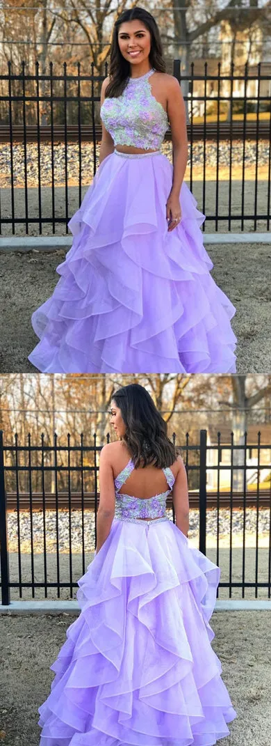 Beautiful Lilac Organza Two Piece Halter Floor-length Long Prom Dress, SP391