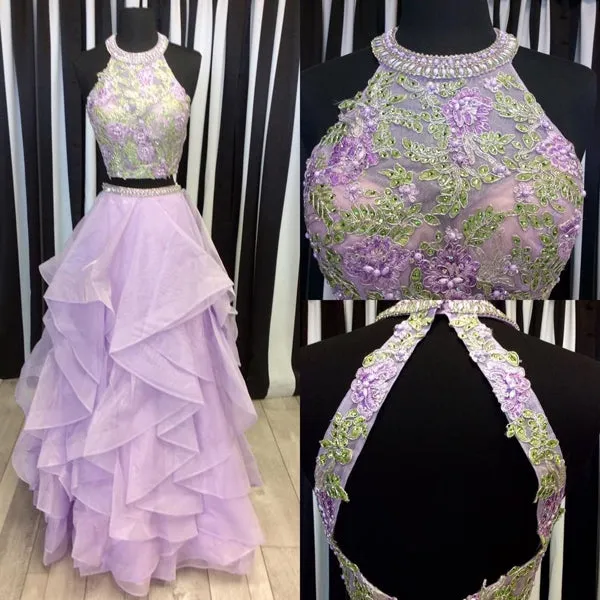 Beautiful Lilac Organza Two Piece Halter Floor-length Long Prom Dress, SP391