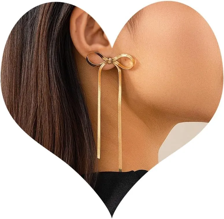 Bethynas Gold Silver Bow Drop Dangle Earrings for Women Ribbon Long Tassel Snake Chain Post Earrings Cute Bow Stud Earrings Jewelry Gifts