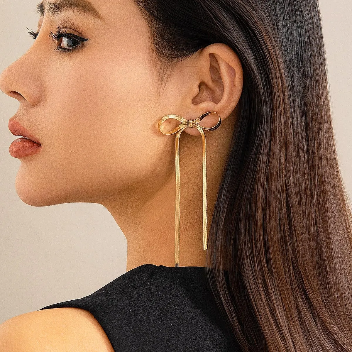 Bethynas Gold Silver Bow Drop Dangle Earrings for Women Ribbon Long Tassel Snake Chain Post Earrings Cute Bow Stud Earrings Jewelry Gifts