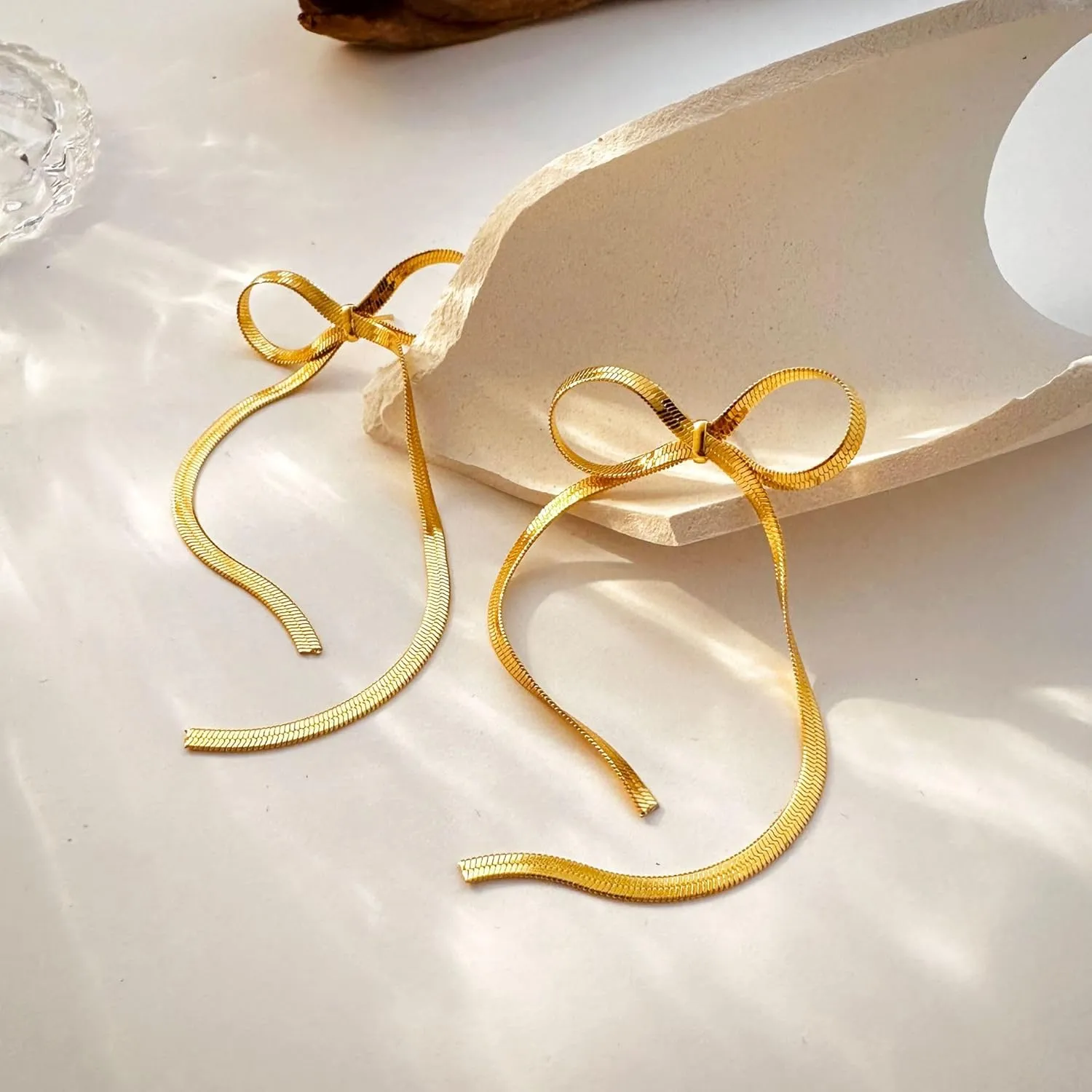 Bethynas Gold Silver Bow Drop Dangle Earrings for Women Ribbon Long Tassel Snake Chain Post Earrings Cute Bow Stud Earrings Jewelry Gifts