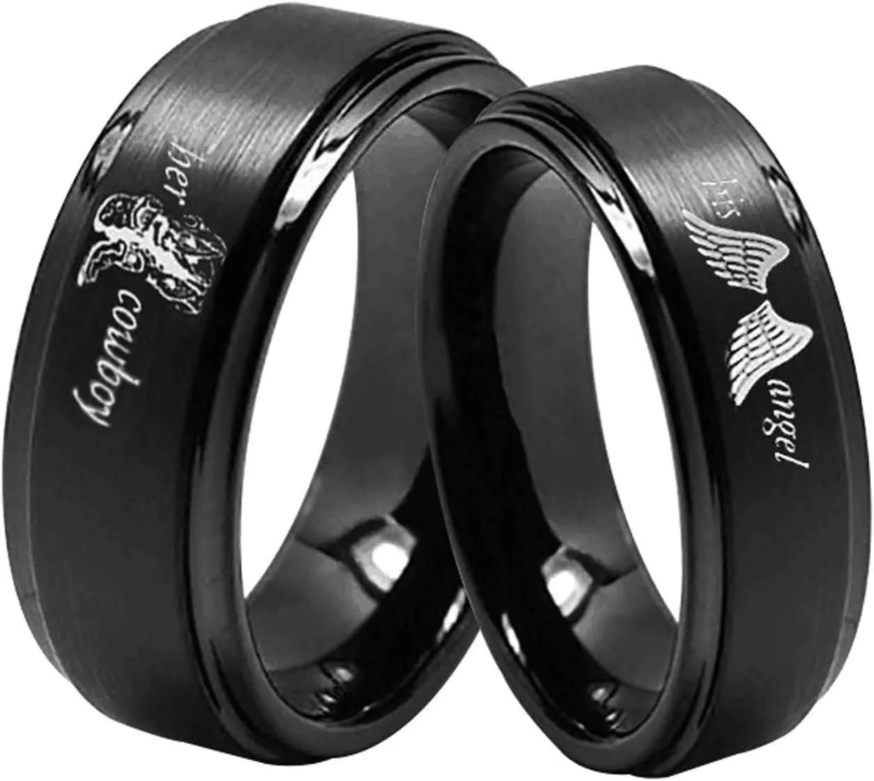 Beydodo Anniversary Ring Sets Stainless Steel Rings His and Hers Engraved Her Cowboy and His Angel Size 5-13