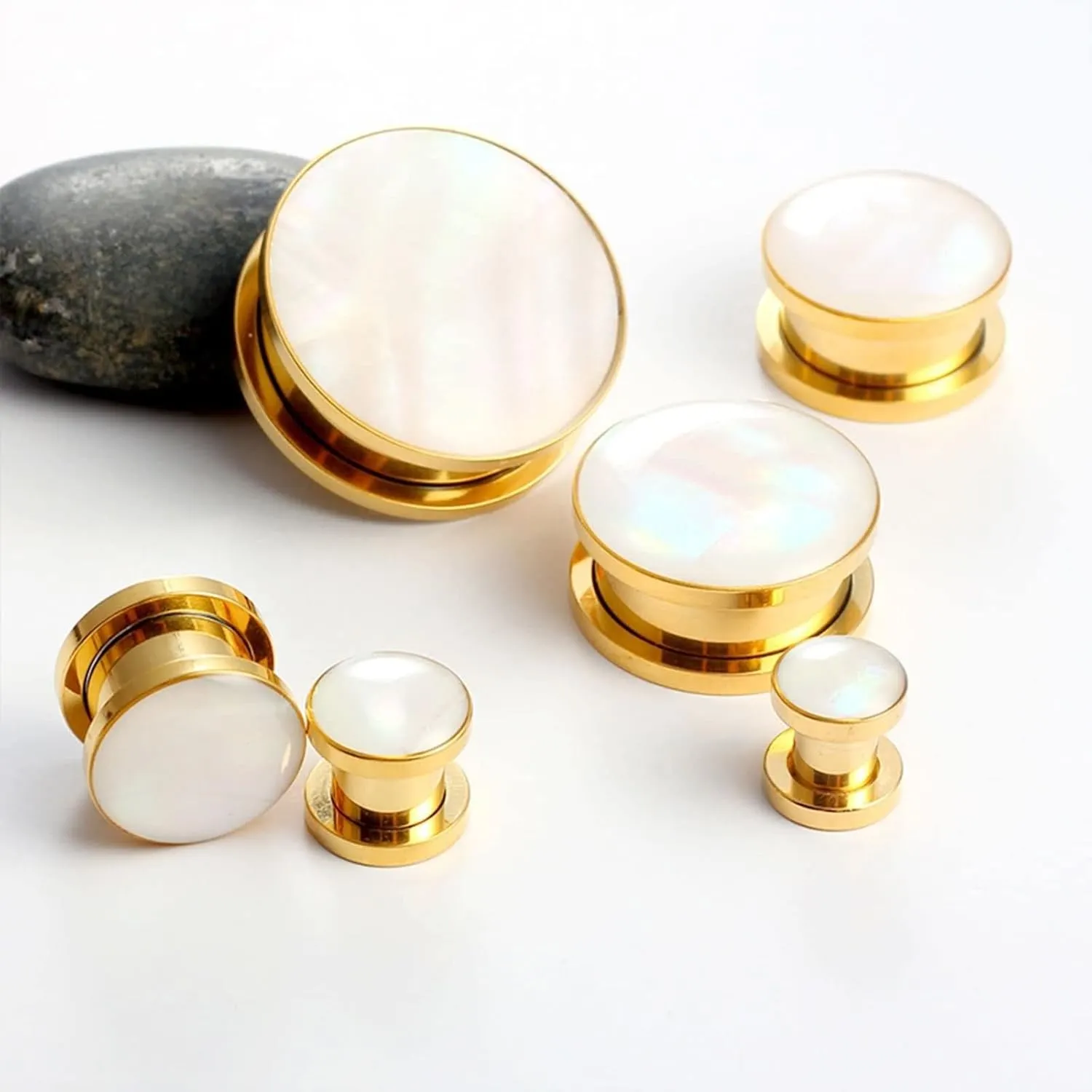 Beydodo Stainless Steel Gauges Earrings, Plugs and Tunnels for Women Single Flare Gold Round with Shell