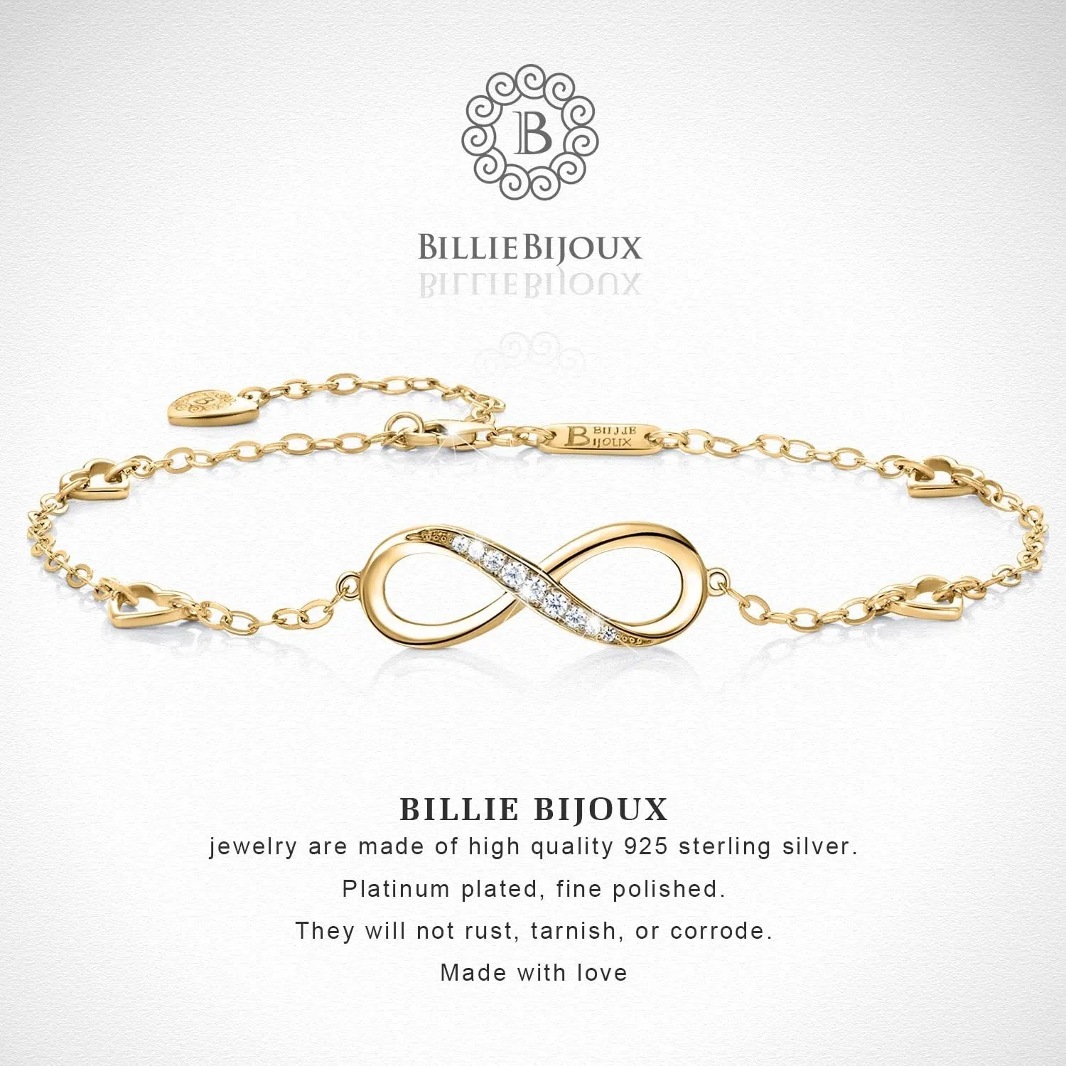 Billie Bijoux Womens 925 Sterling Silver Infinity Anklet Bracelet Endless Love Symbol Charm Adjustable Large Bracelet Gifts for Women