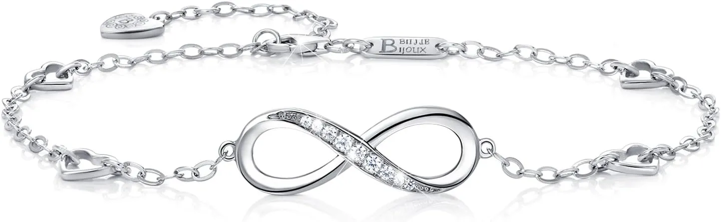 Billie Bijoux Womens 925 Sterling Silver Infinity Anklet Bracelet Endless Love Symbol Charm Adjustable Large Bracelet Gifts for Women