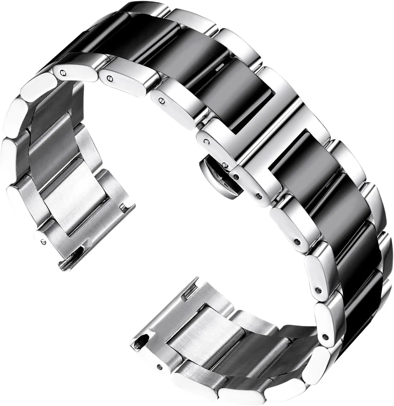 BINLUN Thick Stainless Steel Watch Band Metal Heavy Polished Matte Brushed Finish Watch Strap Replacement for Men Women 16mm/18mm/20mm/21mm/22mm/23mm/24mm/26mm(Polished Silver and Black,22mm)