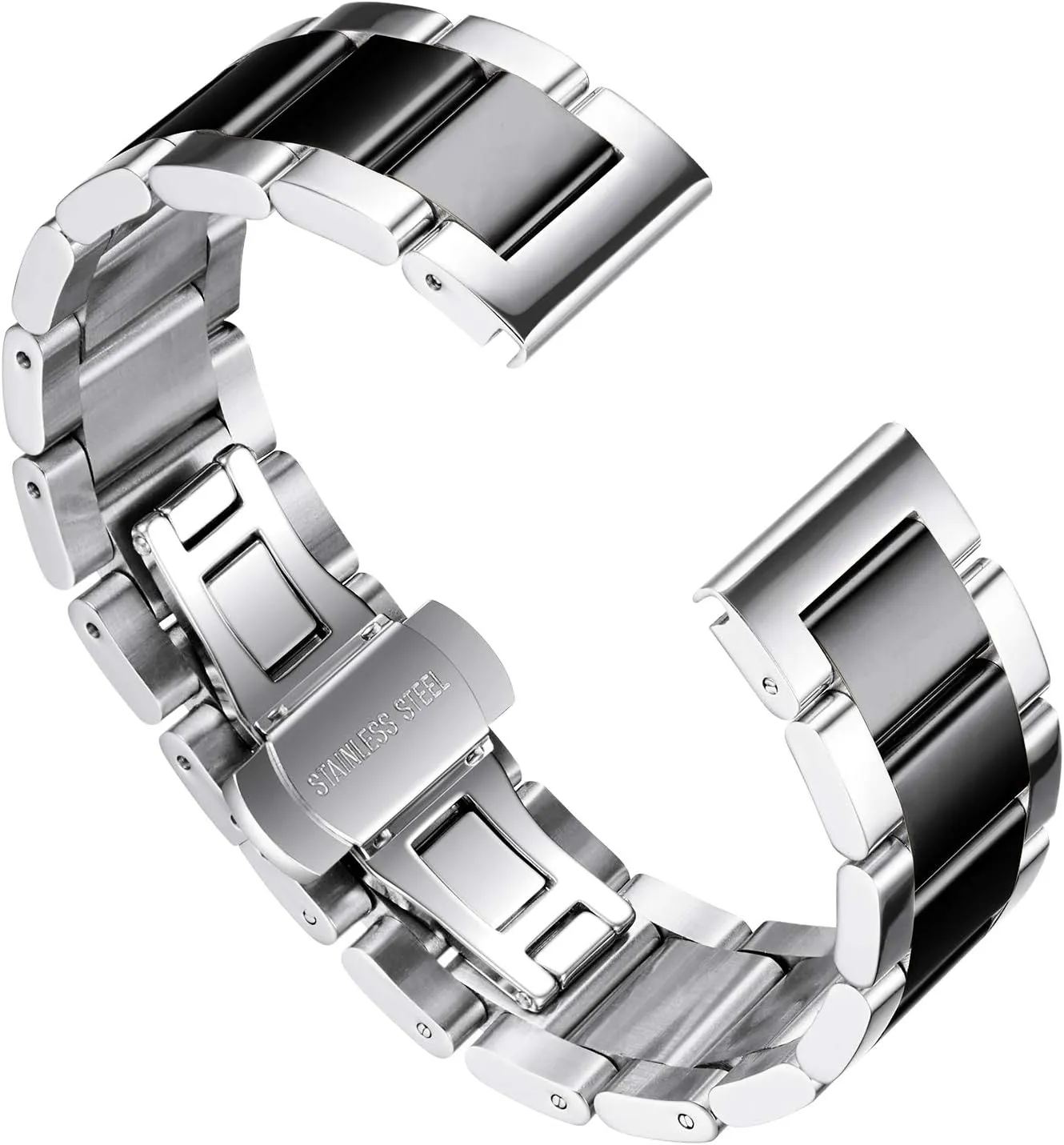 BINLUN Thick Stainless Steel Watch Band Metal Heavy Polished Matte Brushed Finish Watch Strap Replacement for Men Women 16mm/18mm/20mm/21mm/22mm/23mm/24mm/26mm(Polished Silver and Black,22mm)