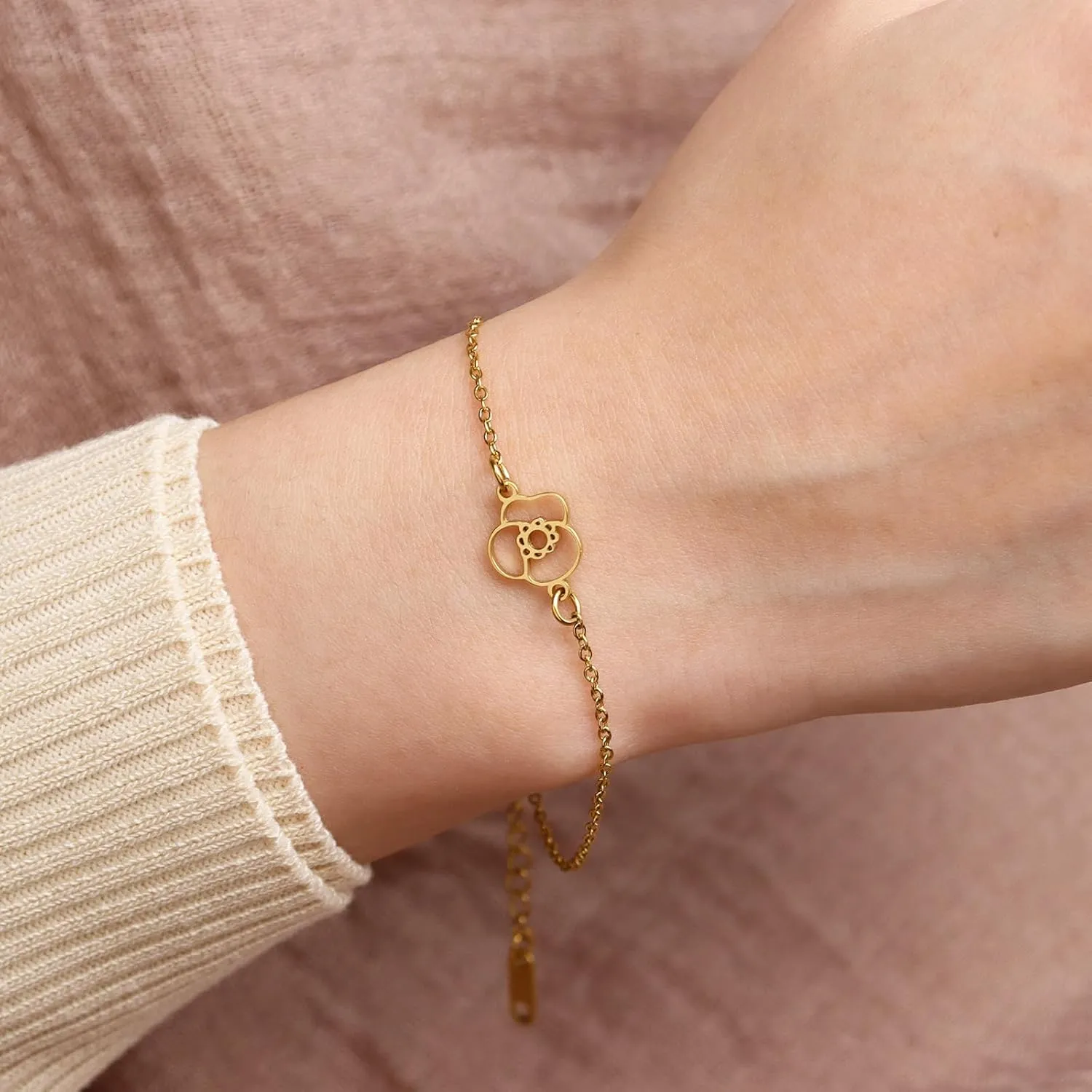 Birth Flower Gold Bracelets for Women, Statement Adjustable Stackable Birthday Chain Bracelet Outfit Accessories Jewelry Gift.