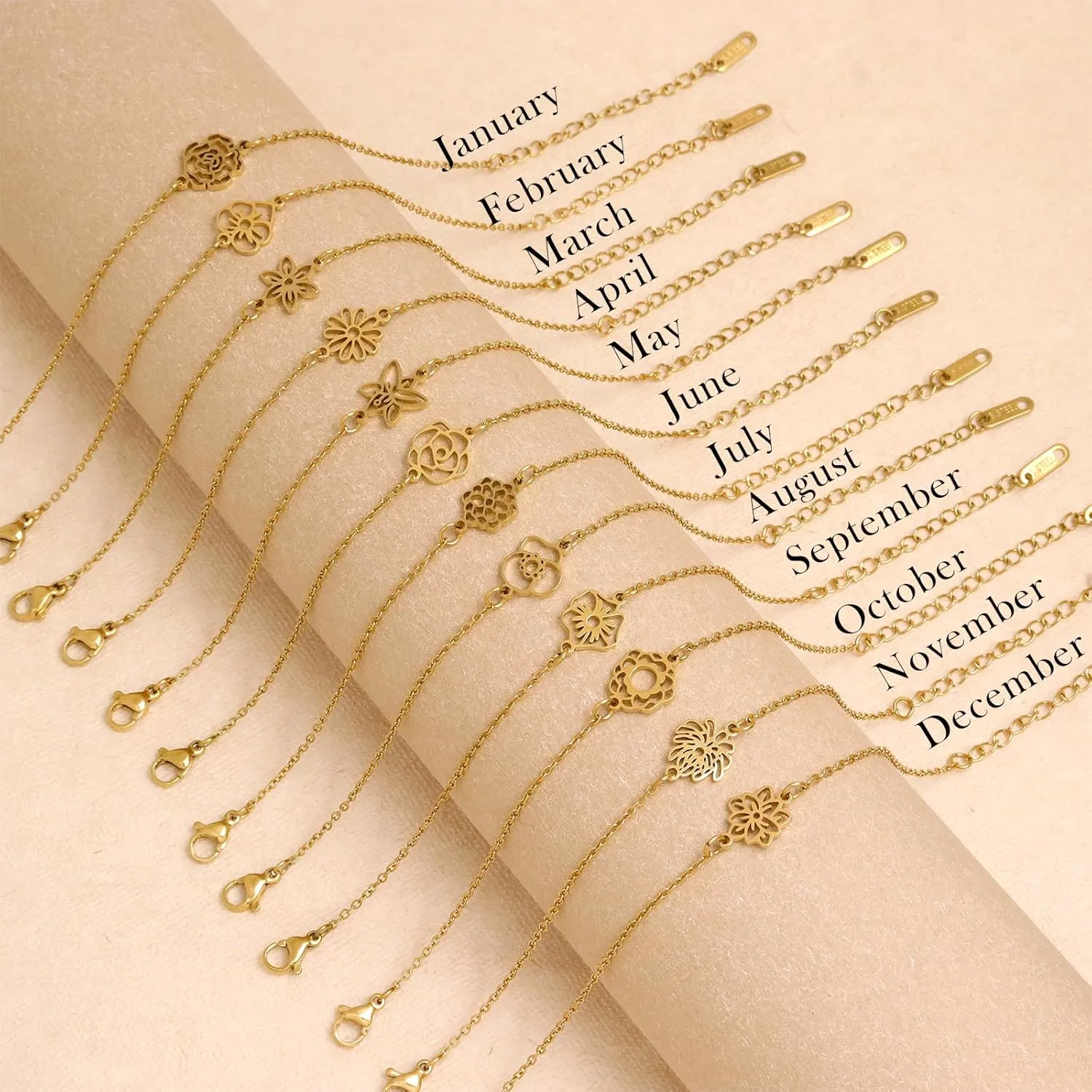 Birth Flower Gold Bracelets for Women, Statement Adjustable Stackable Birthday Chain Bracelet Outfit Accessories Jewelry Gift.