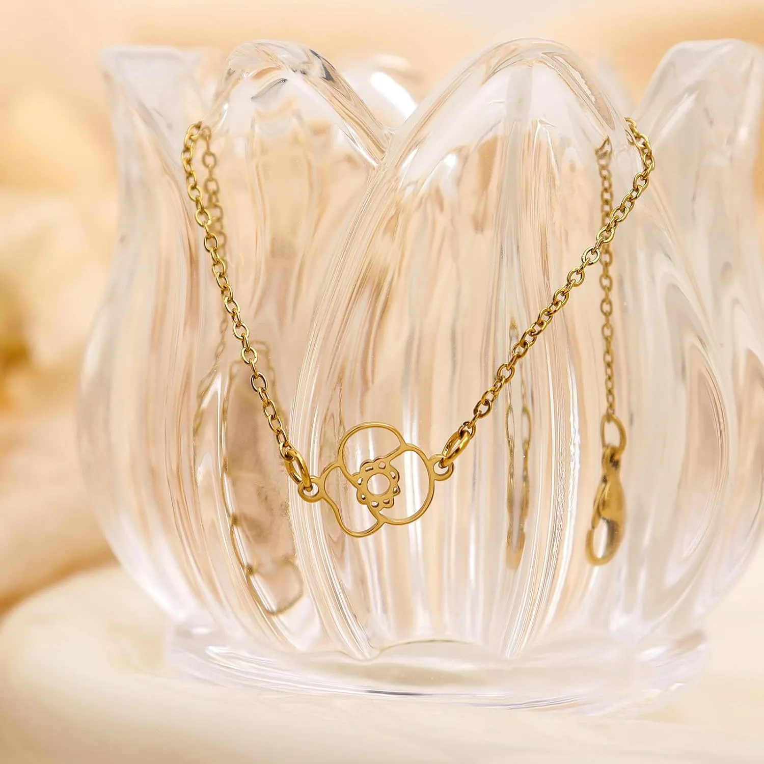Birth Flower Gold Bracelets for Women, Statement Adjustable Stackable Birthday Chain Bracelet Outfit Accessories Jewelry Gift.