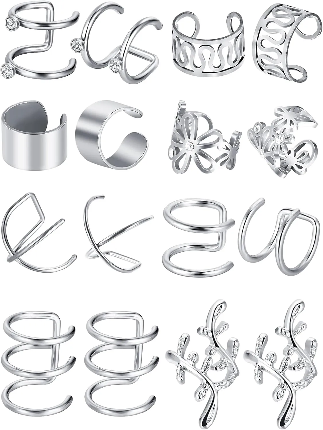Blulu 8 Pairs Ear Cuffs Earrings Cuff Non Piercing Stainless Steel Clip on Cartilage Earrings for Men Women, 8 Various Styles