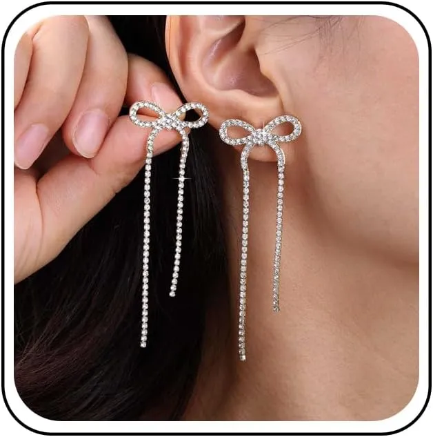 Bohemian Crystal Bow Tassel Dangle Earrings Long Cz Tennis Chain Drop Earrings Gold Bow Tie Stud Earrings Rhinestone Bow Tassel Chain Earrings Jewelry for Women