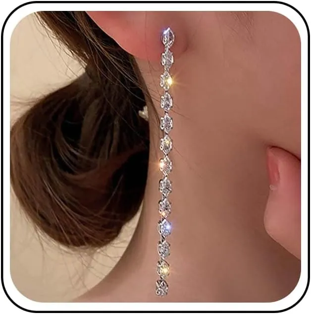 Bohemian Crystal Tassel Chain Dangle Earrings Silver Cz Chain Drop Earrings Long Crystal Chain Stud Earrings Wedding Rhinestone Tassel Chain Earrings Jewelry for Women Gifts