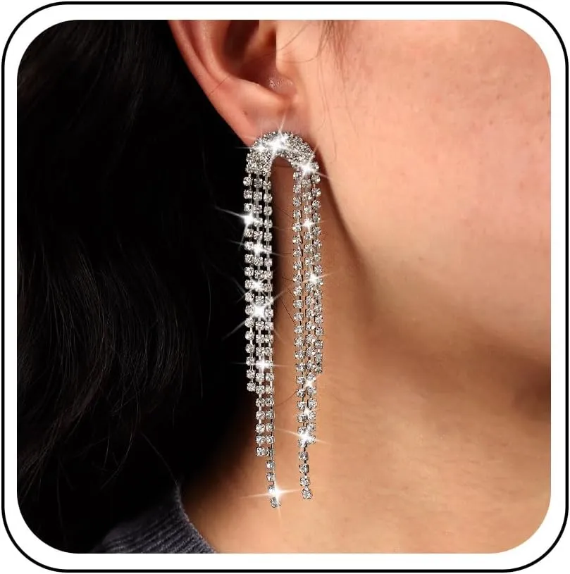 Bohemian Crystal Tennis Chain Dangle Earrings Silver Cz Tassel Drop Earrings Long Tennis Chain Earrings Minimalist Rhinestone Chain Earrings Jewelry for Women Gifts