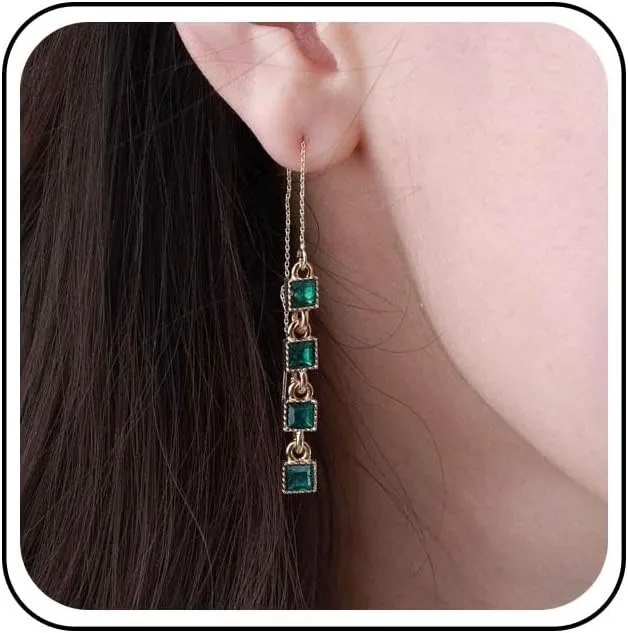 Bohemian Emerald Tassel Chain Earrings Gold Emerald Chain Threader Earrings Emerald Square Drop Earrings Green Crystal Chain Dangle Earrings Emerald Chain Pull Through Earrings