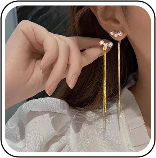 Bohemian Pearl Ear Jacket Earrings Gold Snake Bone Chain Earrings Long Snake Fringe Chandelier Earrings Herringbone tassel Chain Earrings Jewelry for Women