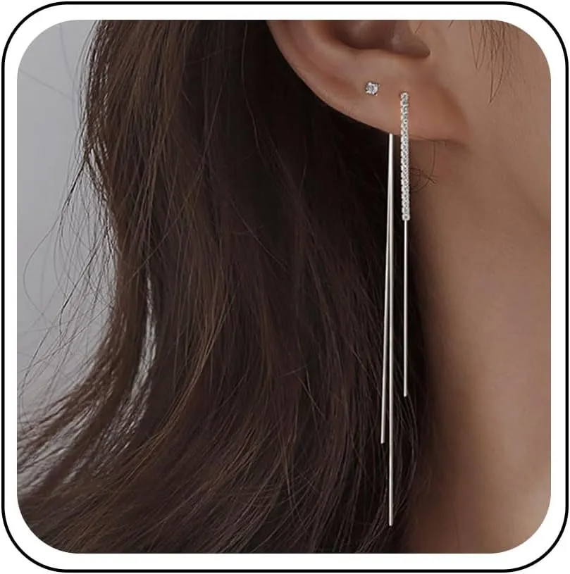 Boho Long Chain Dangle Earrings Silver Tassel Chain Earrings Rhinestones Chain Drop Earrings Crystal Chain Stud Earrings Jacket Thin Chain Long Earrings Jewelry for Women