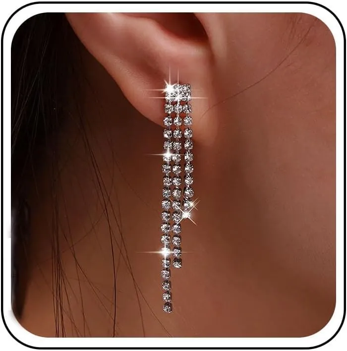 Boho Rhinestone Tassel Earrings Silver Crystal Chain Earrings Long Cz Drop Earrings Rhinestone Dangle Earrings Wedding Crystal Chandelier Earrings Jewelry for Women