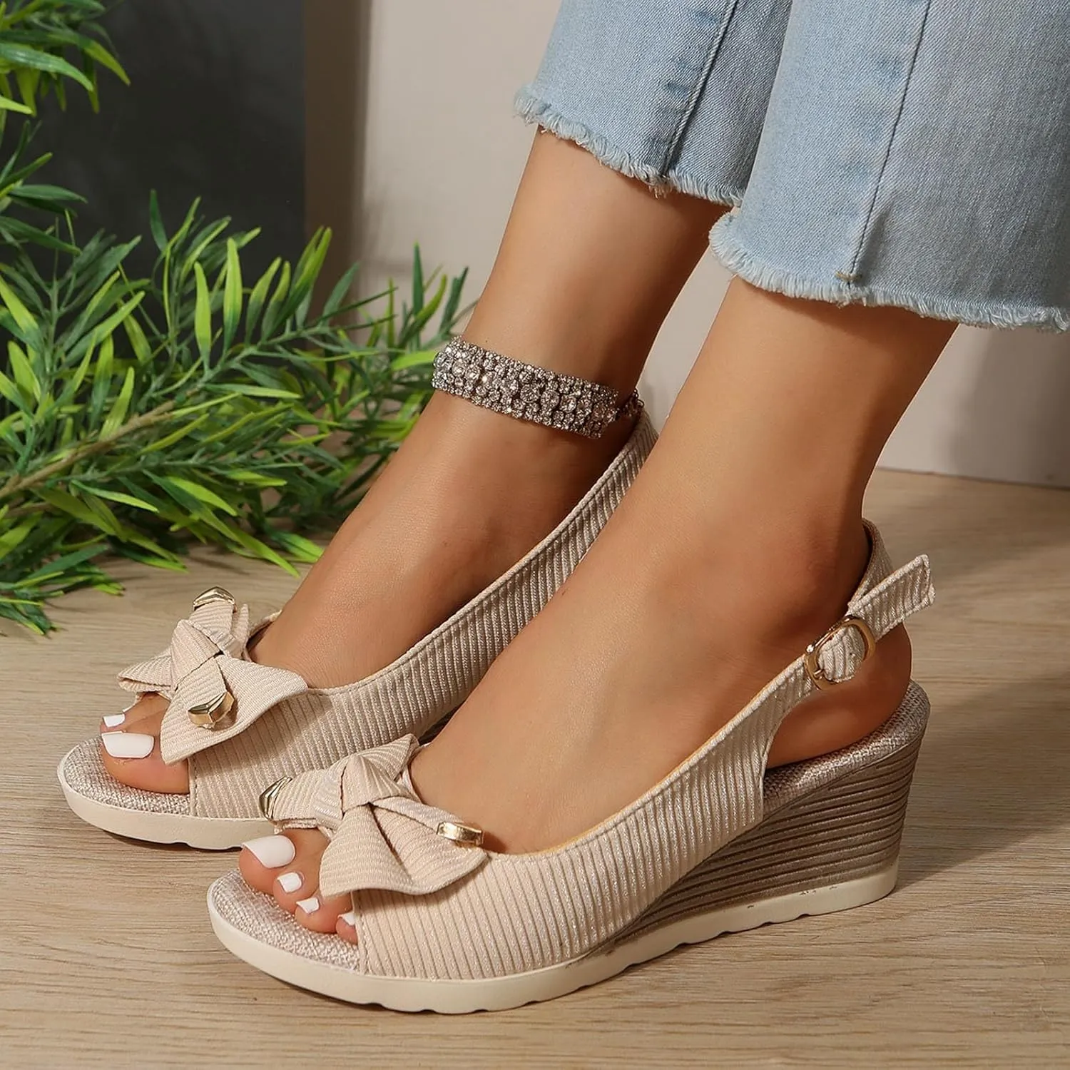 Bow Sandals for Women Bow Wedges,Tall with Bows,Wedge Sandal Buckle Comfortable Dressy,Open Toe Shoes Bunion Wedge Platform Cute Bowknot Espadrille High Heels Buckle Ankle Strap