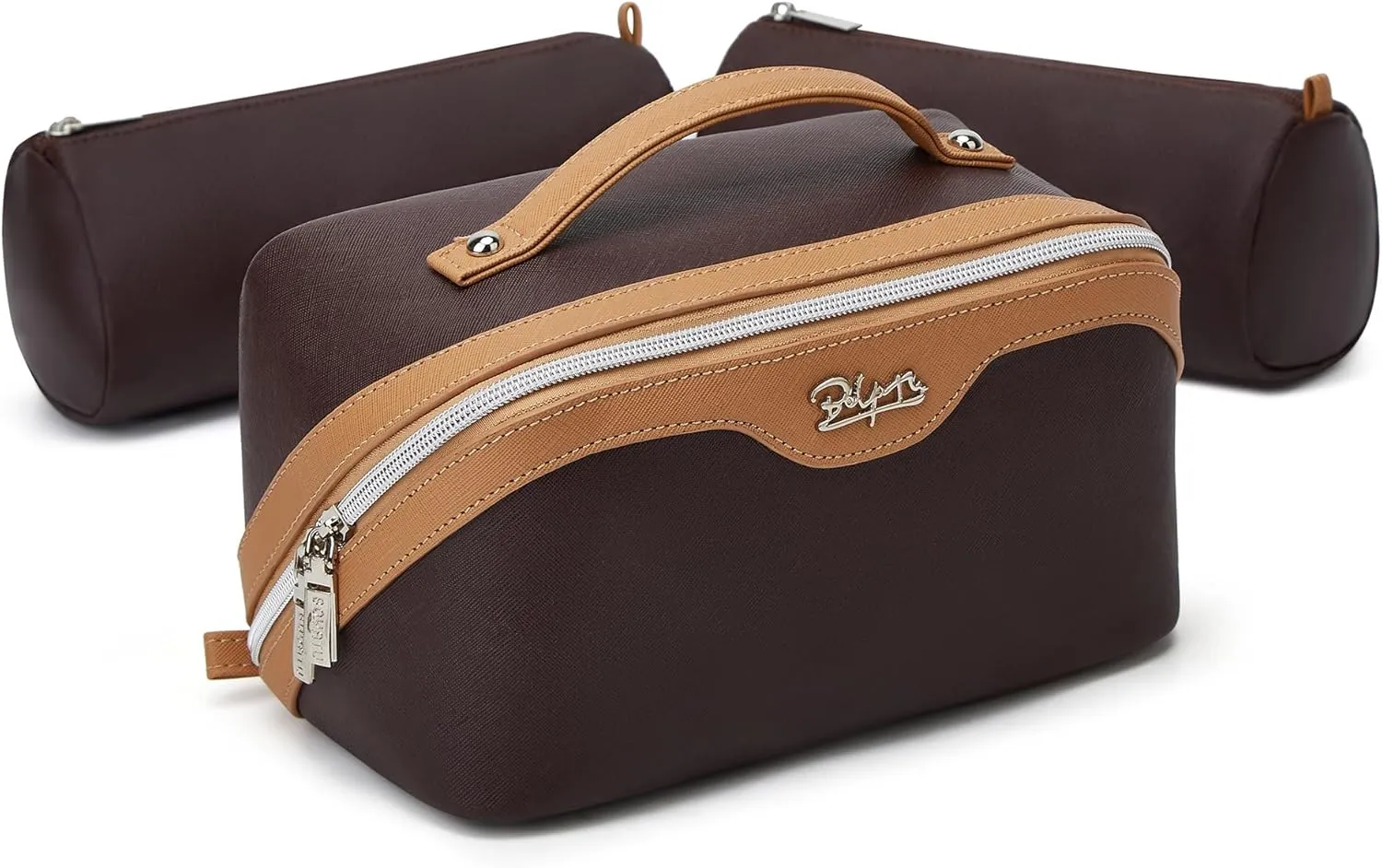 BOYATU Travel Makeup Bag Organizer Cosmetic Bag: 3 Pcs Set Make up Bags for Women with Handle - Waterproof Vegan Leather Toiletry Bags with Comparments (D-01-Brown)