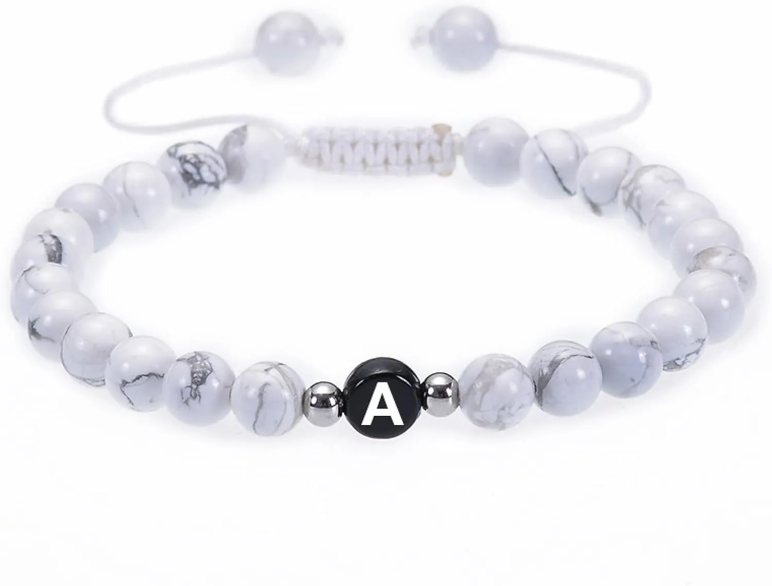 Braided Bracelets for Men, White Crystal Bead Bracelet Magnesite Adjustable Beads with Letter A Metal Nature Stone for Women Anniversary Jewelry