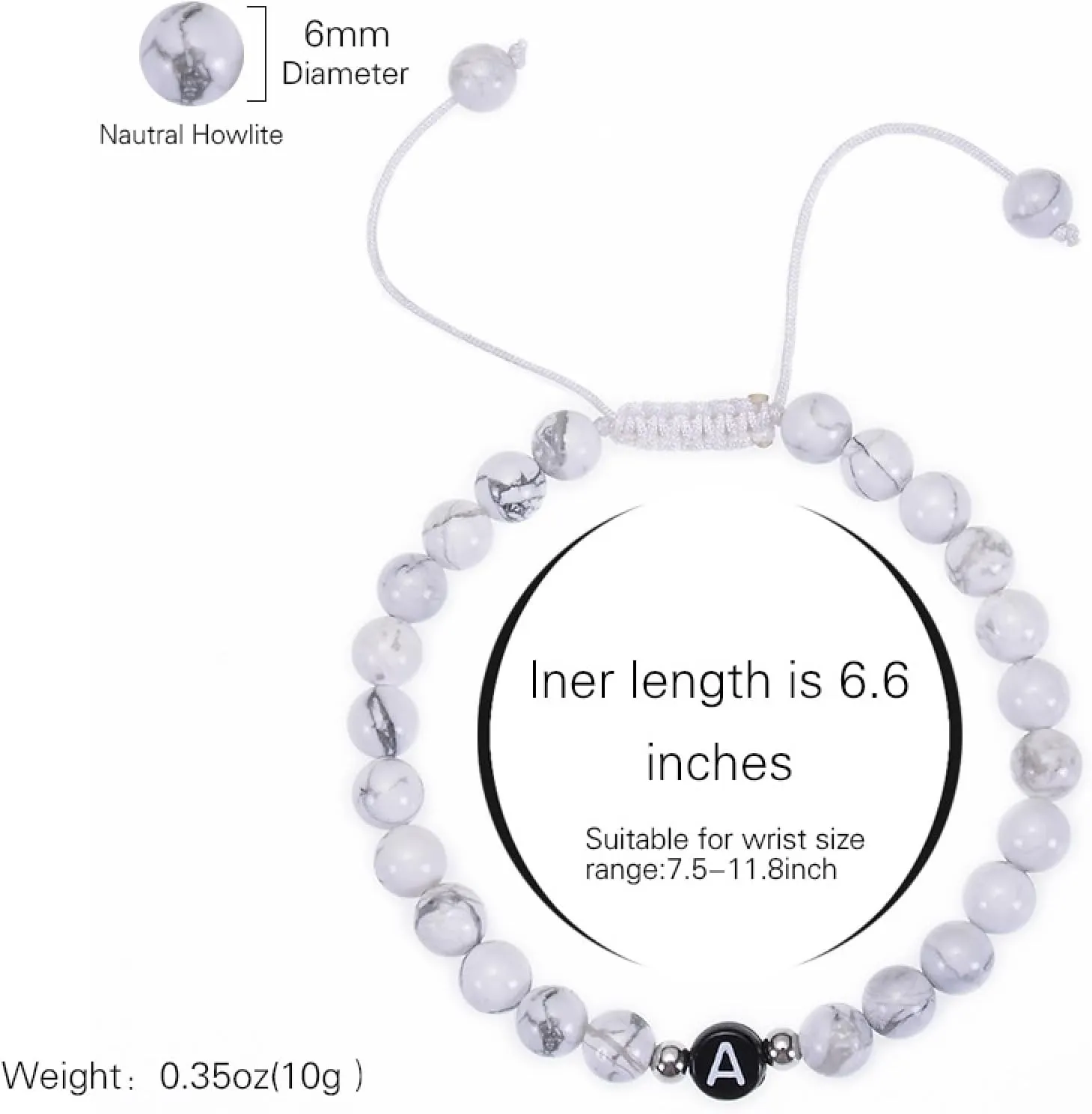 Braided Bracelets for Men, White Crystal Bead Bracelet Magnesite Adjustable Beads with Letter A Metal Nature Stone for Women Anniversary Jewelry
