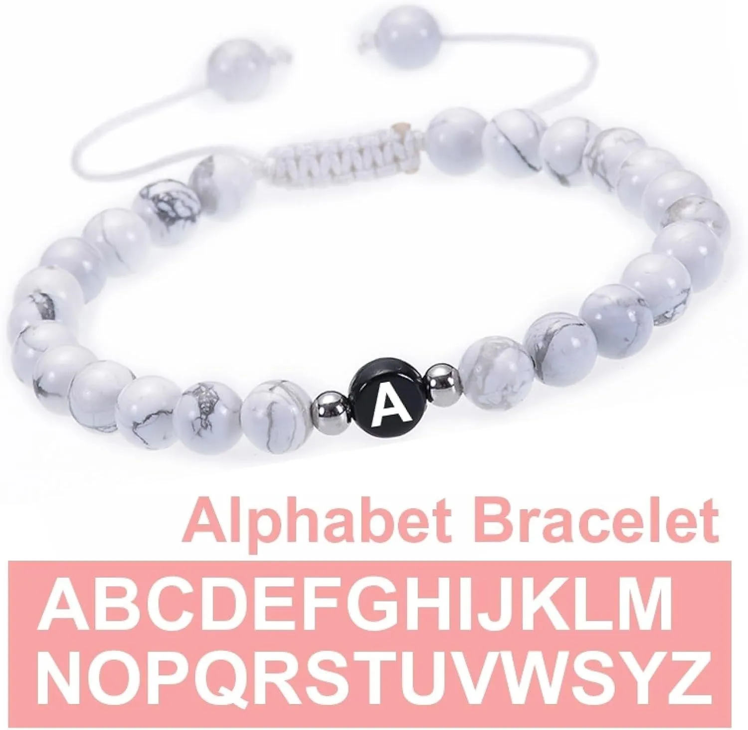 Braided Bracelets for Men, White Crystal Bead Bracelet Magnesite Adjustable Beads with Letter A Metal Nature Stone for Women Anniversary Jewelry