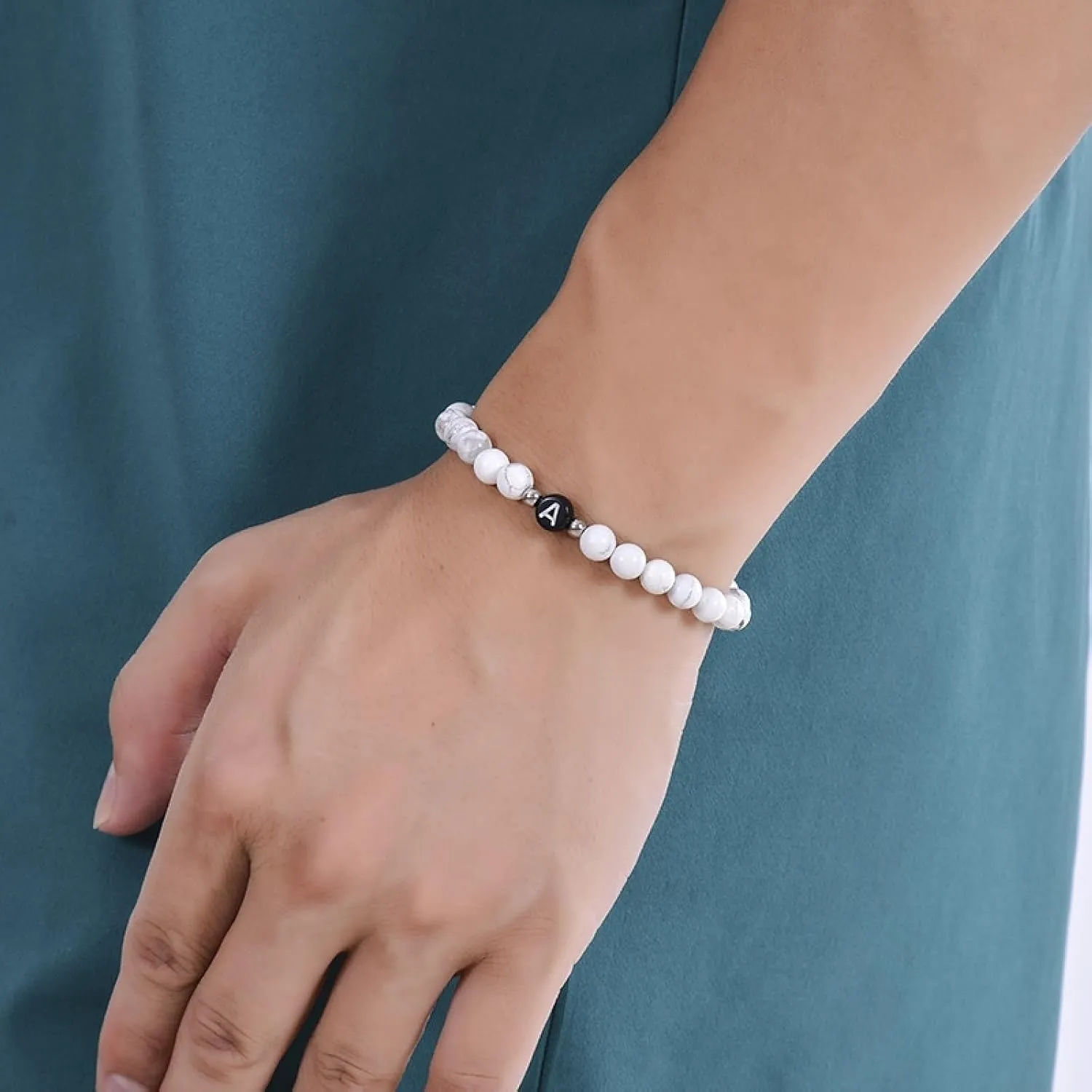 Braided Bracelets for Men, White Crystal Bead Bracelet Magnesite Adjustable Beads with Letter A Metal Nature Stone for Women Anniversary Jewelry