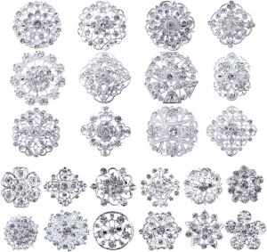 Brooches and Pins for Women, Lot 24pc Silver Color Clear Rhinestone Crystal Flower Brooch Pin DIY Wedding Bouquet Broaches Set