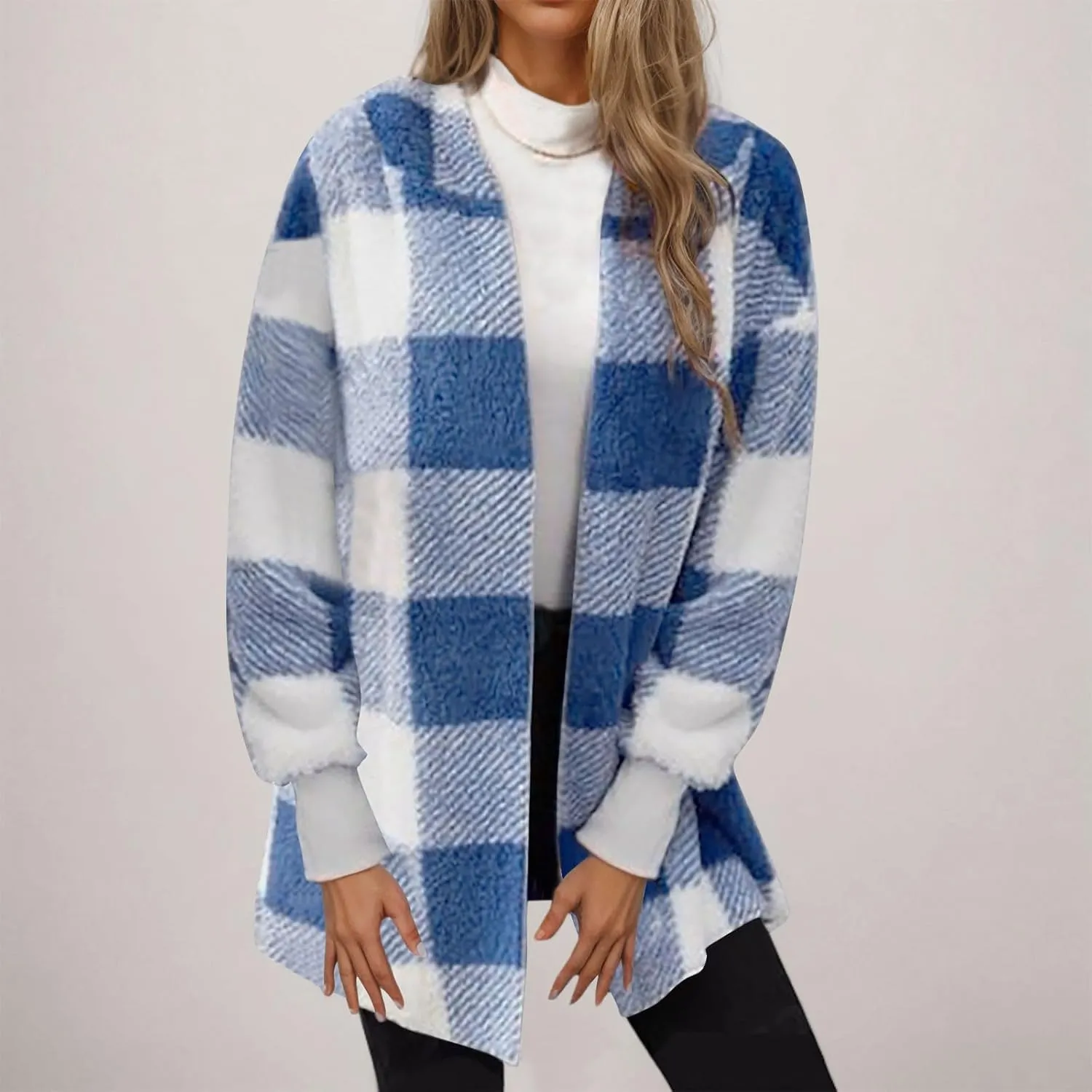 Buffalo Plaid Fleece Cardigan for Women Flannel Open Front Fall Jackets Long Sleeve Fuzzy Plush Warm Winter Coats