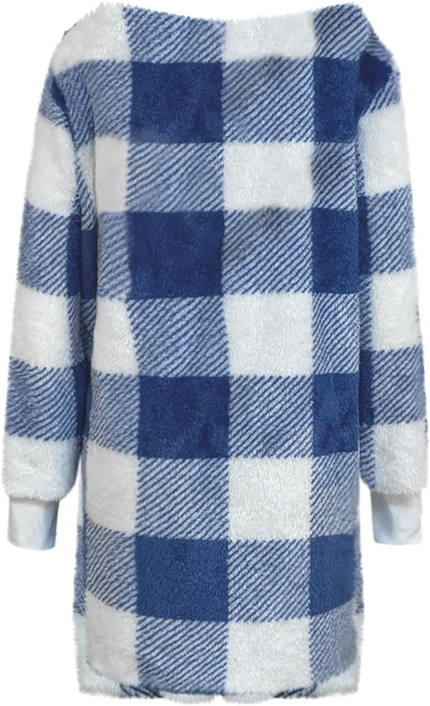 Buffalo Plaid Fleece Cardigan for Women Flannel Open Front Fall Jackets Long Sleeve Fuzzy Plush Warm Winter Coats