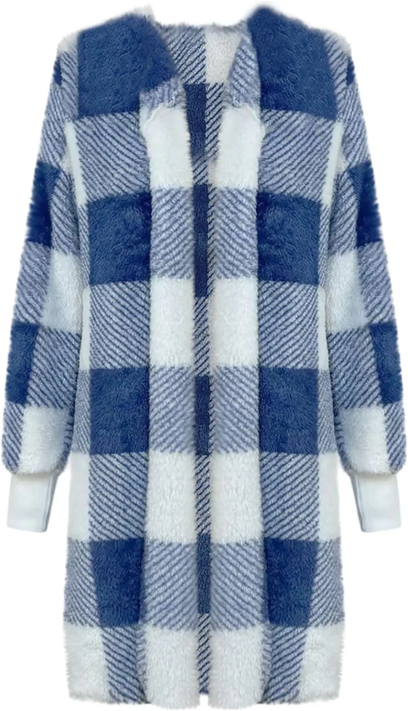 Buffalo Plaid Fleece Cardigan for Women Flannel Open Front Fall Jackets Long Sleeve Fuzzy Plush Warm Winter Coats