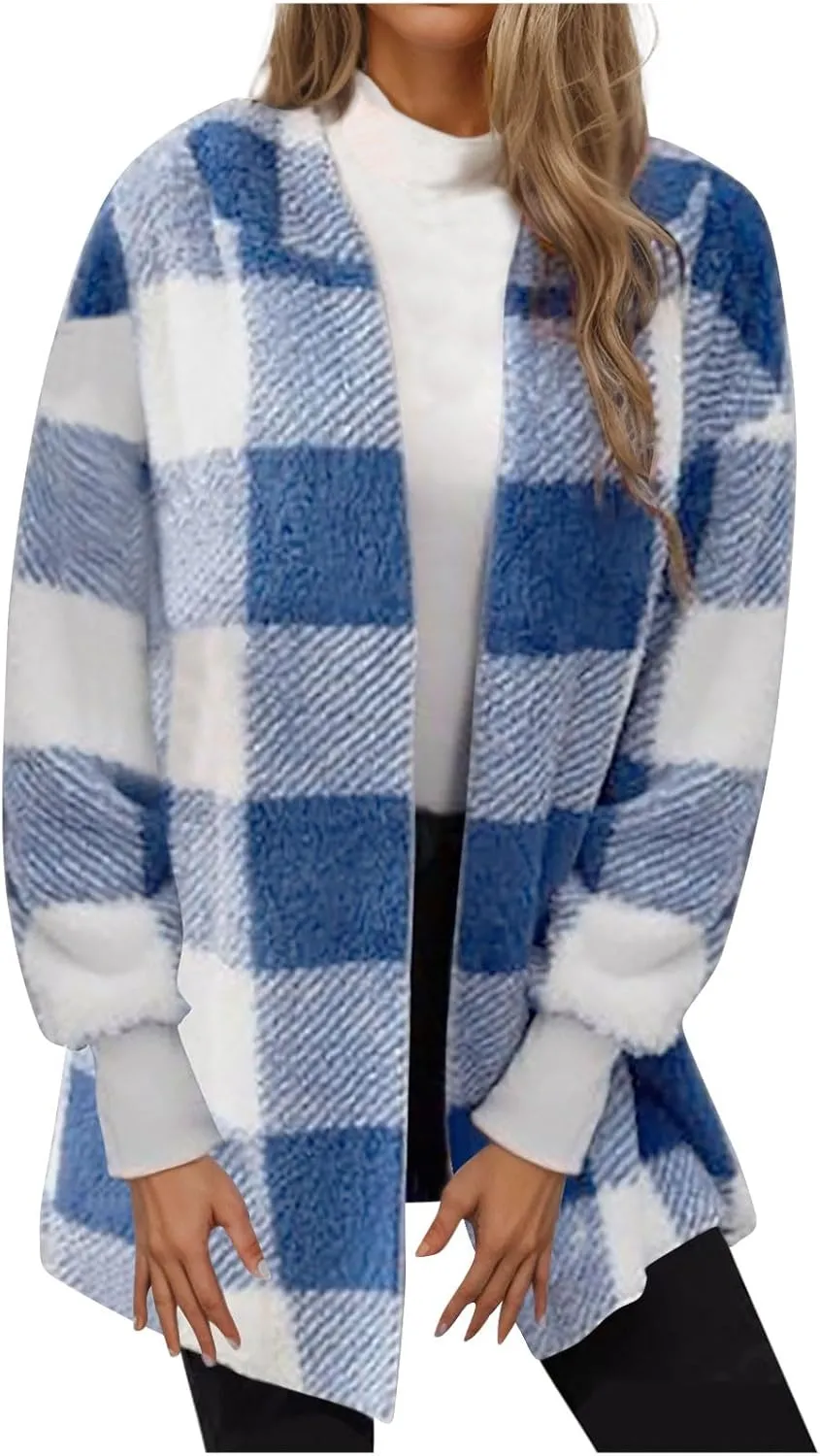 Buffalo Plaid Fleece Cardigan for Women Flannel Open Front Fall Jackets Long Sleeve Fuzzy Plush Warm Winter Coats