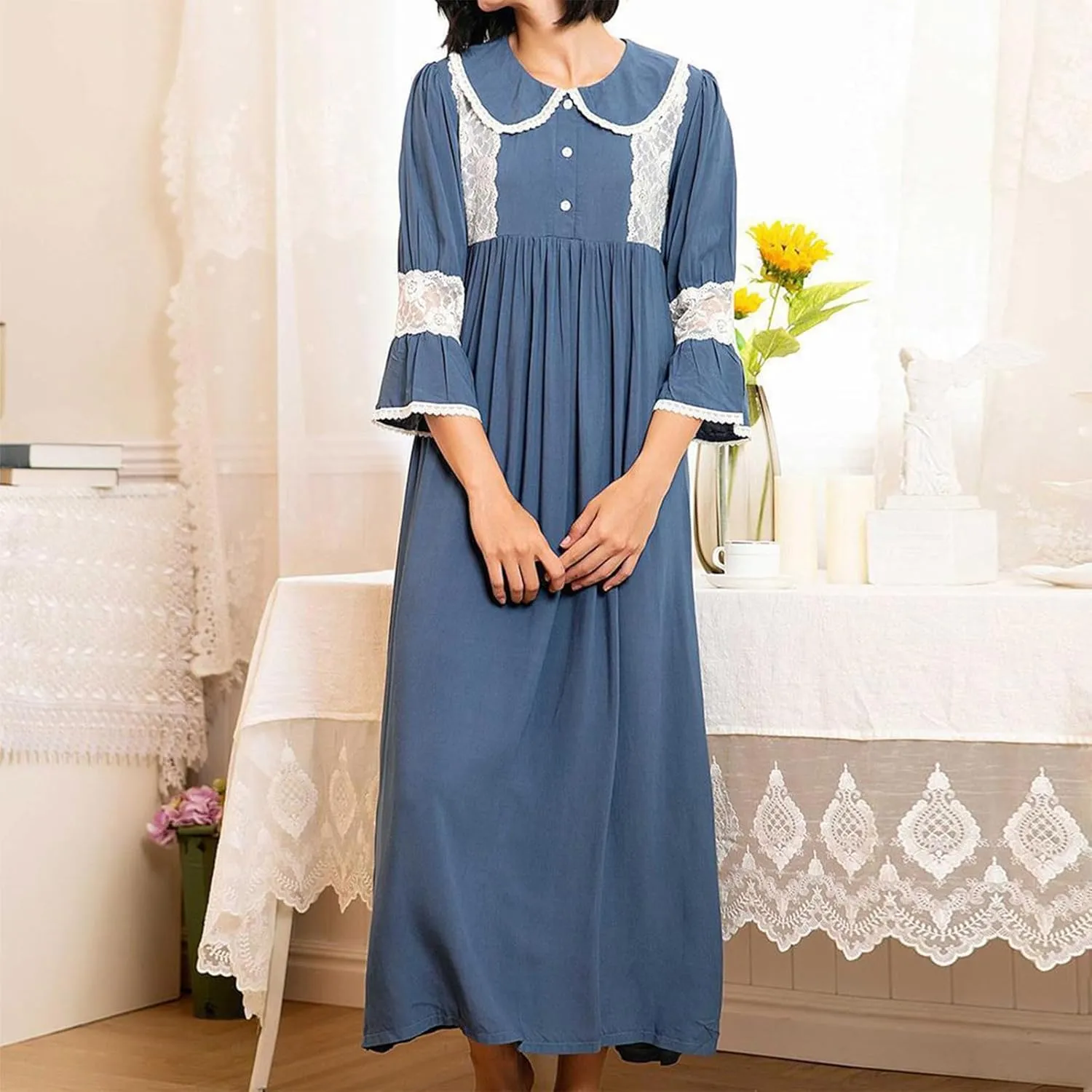Button down Nightgown for Women Retro Lace Patchwork Pleated Long Pajama Dress 3/4 Sleeve Soft Lapel Sleep Shirt