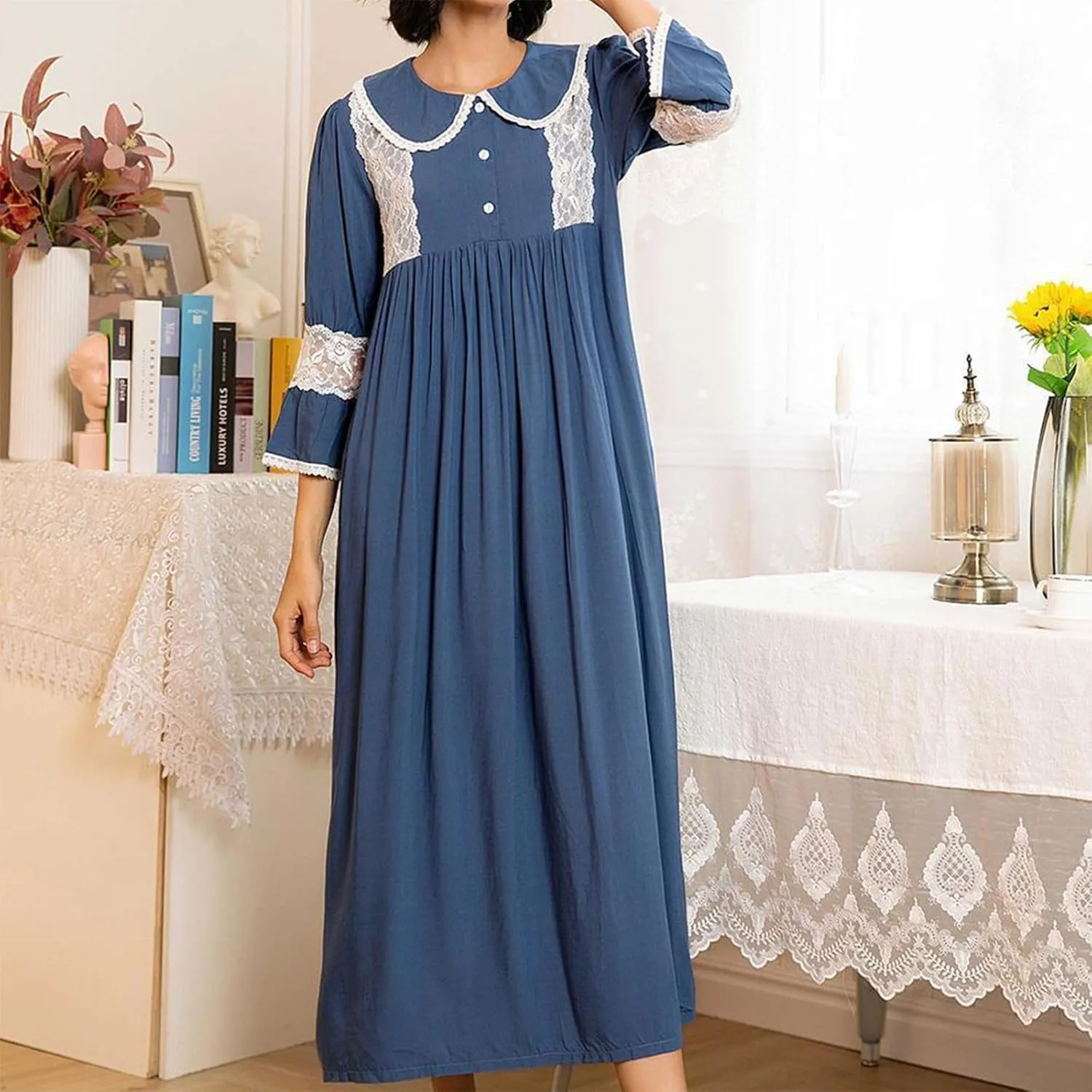 Button down Nightgown for Women Retro Lace Patchwork Pleated Long Pajama Dress 3/4 Sleeve Soft Lapel Sleep Shirt