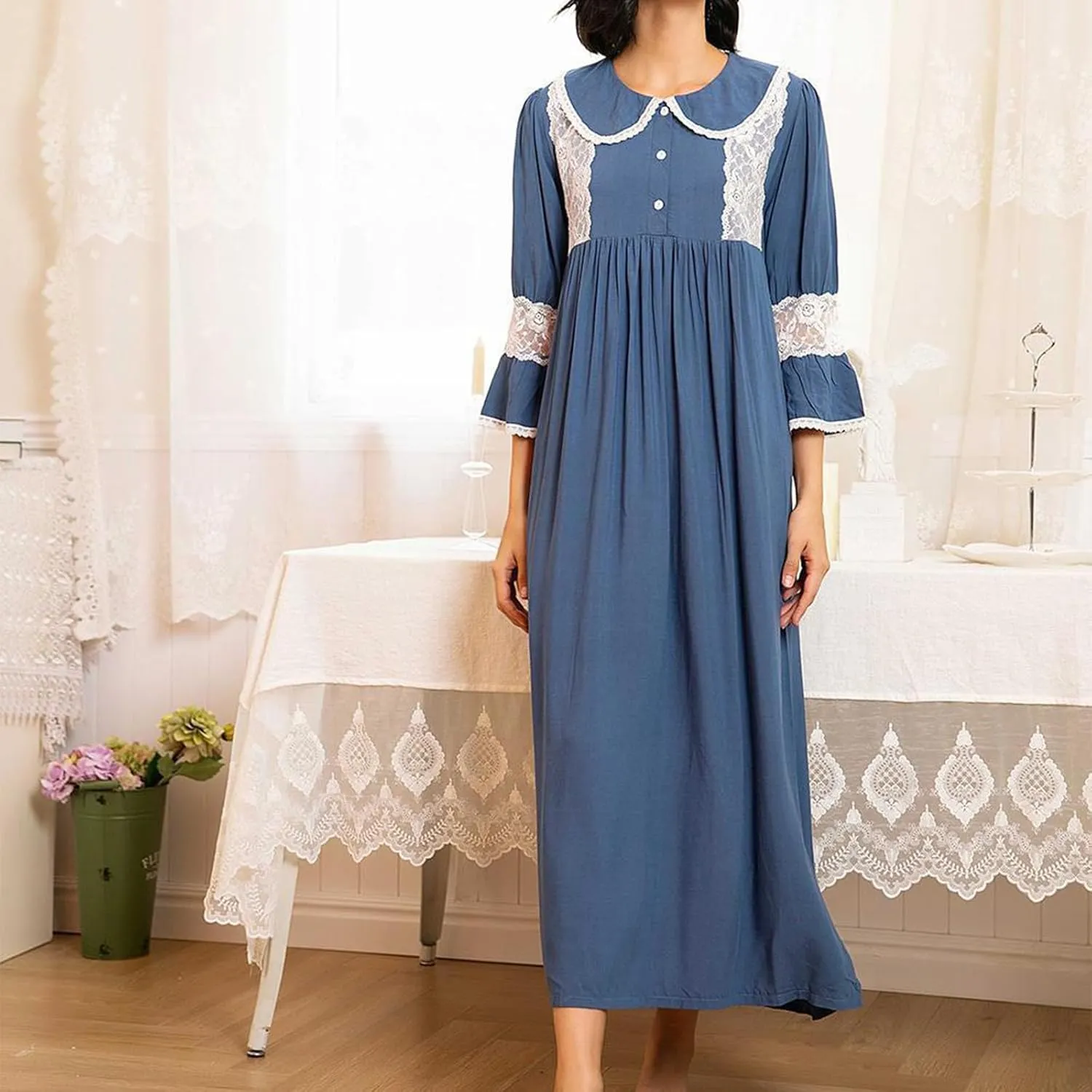Button down Nightgown for Women Retro Lace Patchwork Pleated Long Pajama Dress 3/4 Sleeve Soft Lapel Sleep Shirt