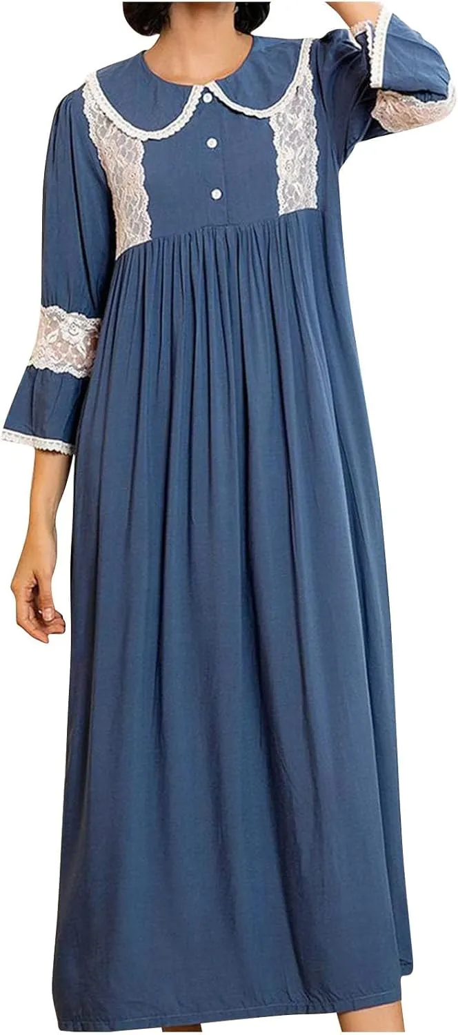 Button down Nightgown for Women Retro Lace Patchwork Pleated Long Pajama Dress 3/4 Sleeve Soft Lapel Sleep Shirt