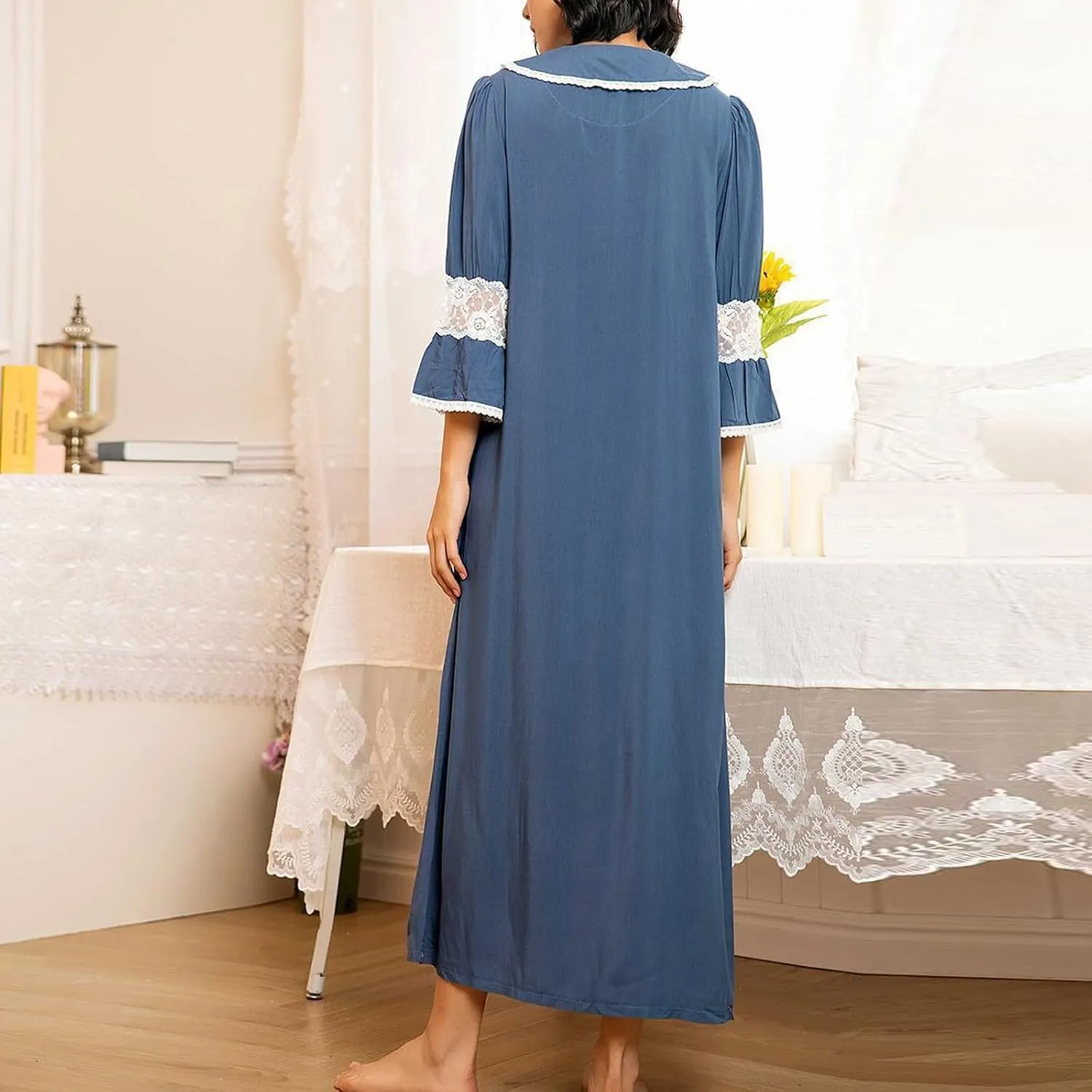 Button down Nightgown for Women Retro Lace Patchwork Pleated Long Pajama Dress 3/4 Sleeve Soft Lapel Sleep Shirt