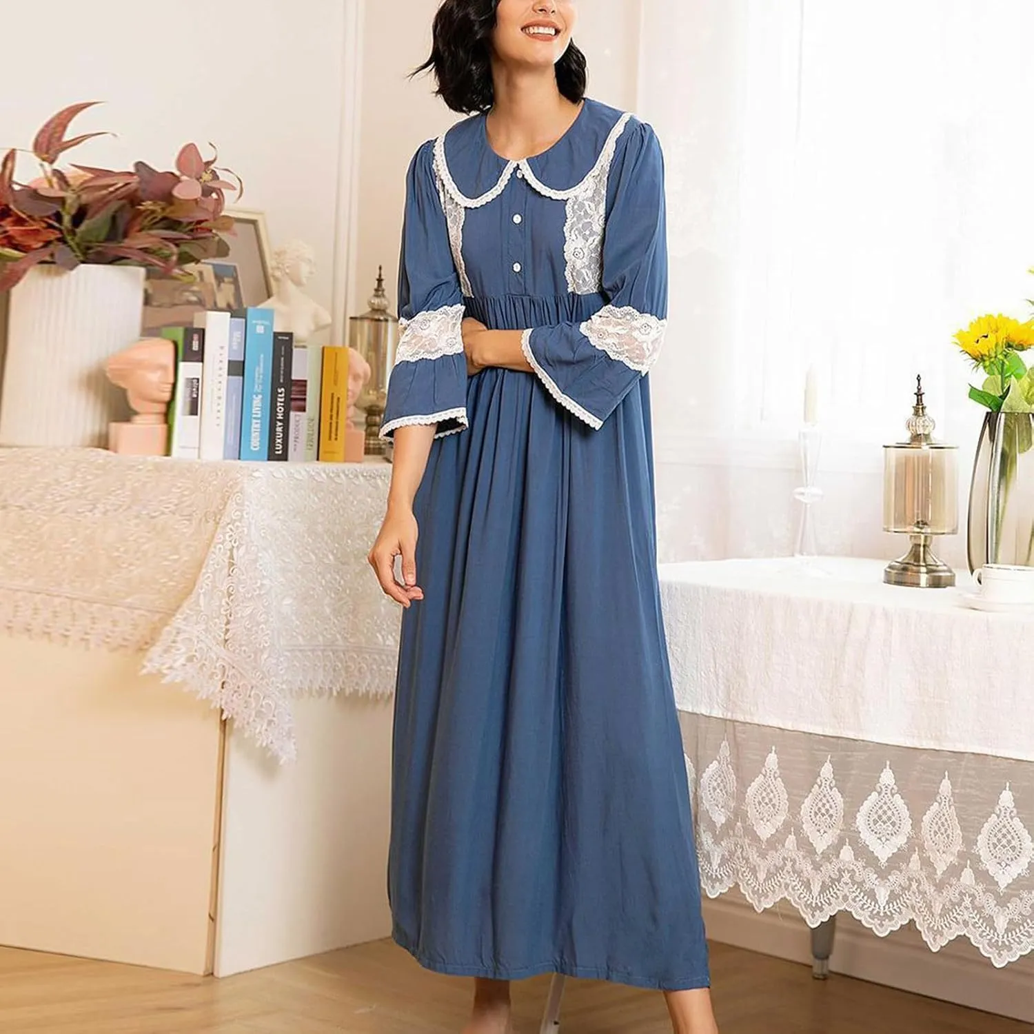 Button down Nightgown for Women Retro Lace Patchwork Pleated Long Pajama Dress 3/4 Sleeve Soft Lapel Sleep Shirt