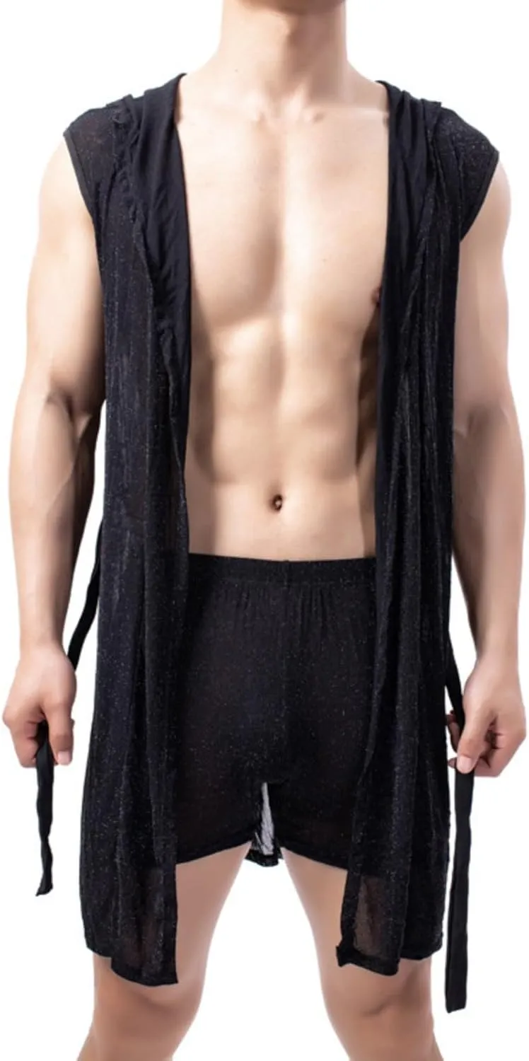 Cambkatl Men's Mesh Sheer Sexy Sleeveless Summer Robe Hooded Bathrobe Nightwear