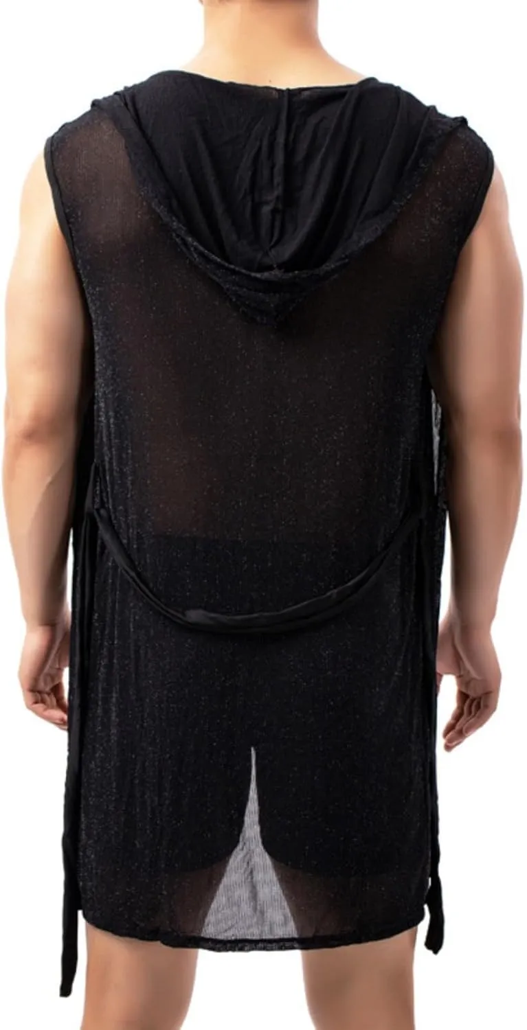 Cambkatl Men's Mesh Sheer Sexy Sleeveless Summer Robe Hooded Bathrobe Nightwear