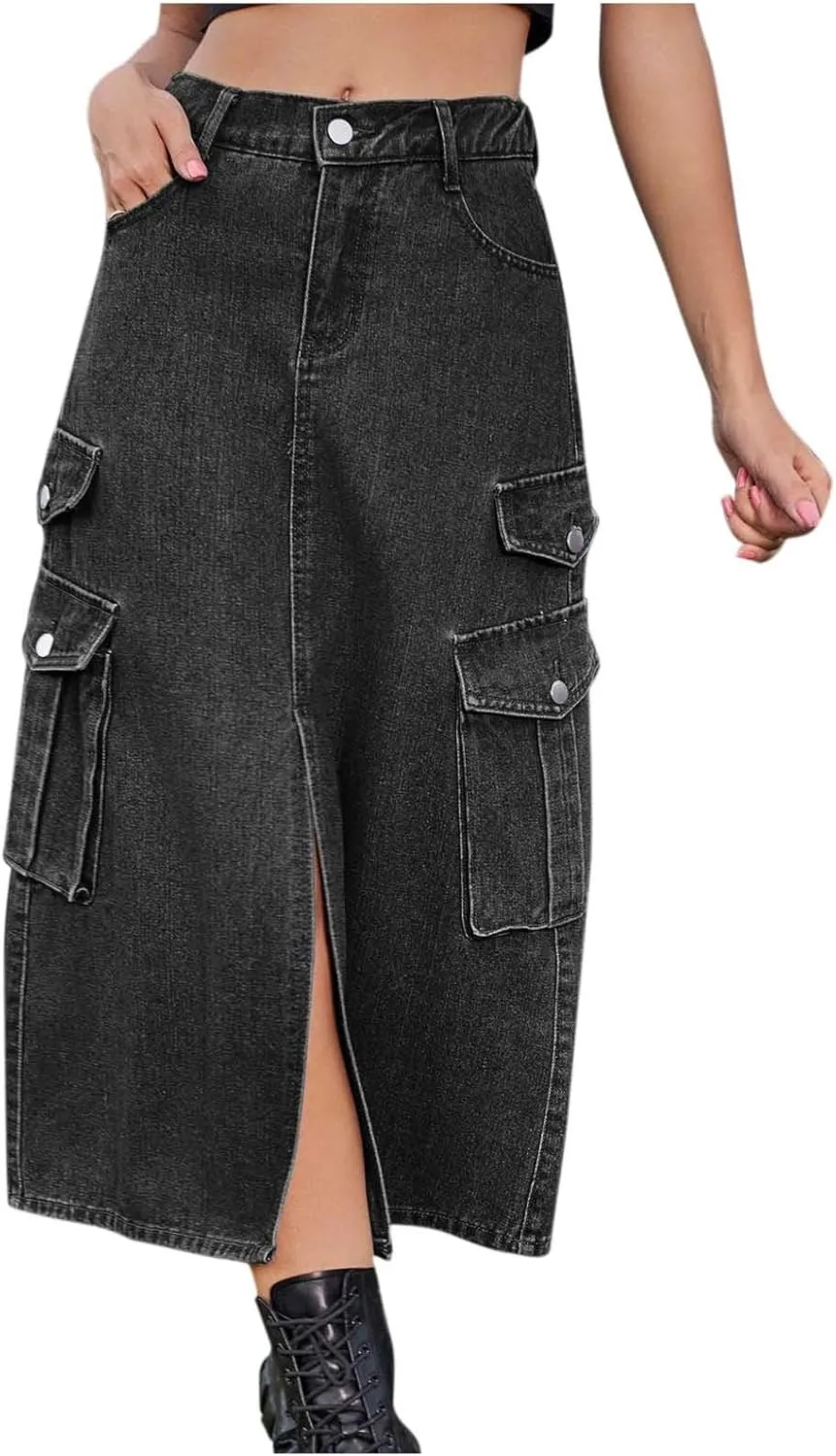 Cargo Skirts for Women Button High Waist Slit Midi Skirt with Pocket Casual Solid Color Jean Skirt